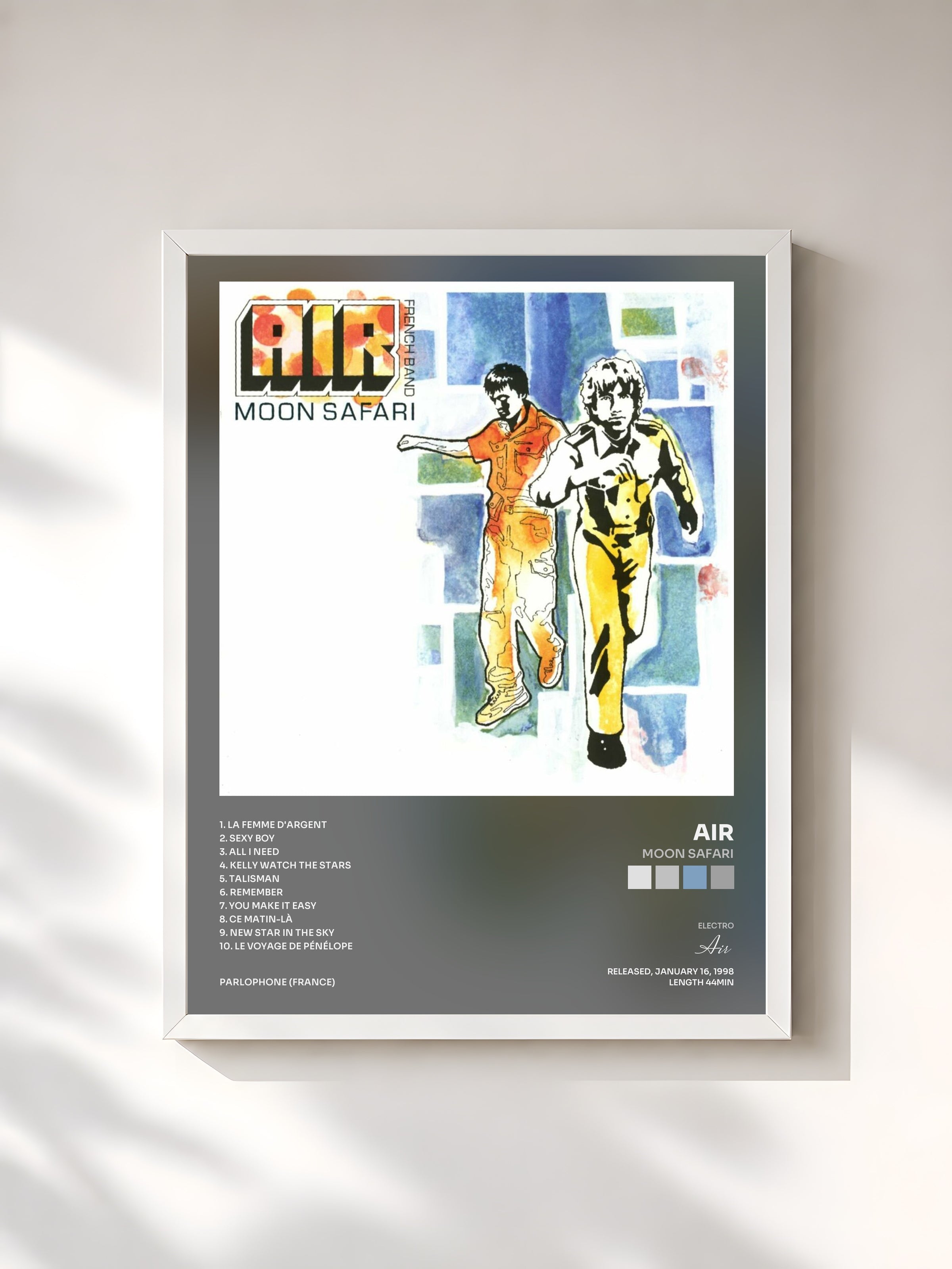 #blanc Tableau de l'album Moon Safari de Air, cadre blanc, imprimé et encadré en France