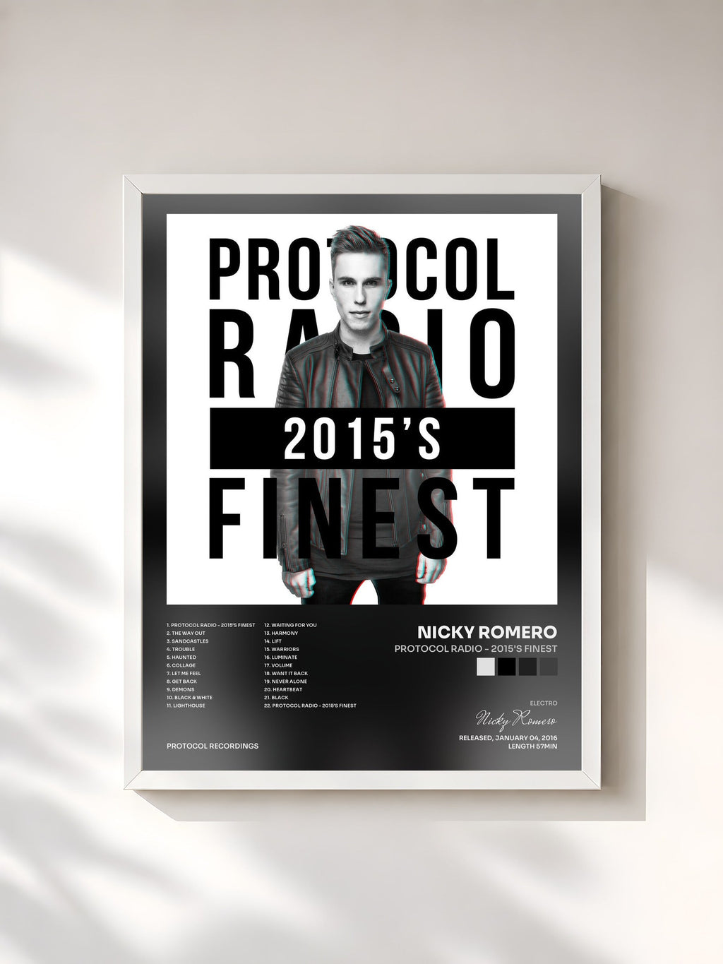 #blanc Tableau de l'album Protocol Radio - 2015's Finest de Nicky Romero, cadre blanc, imprimé et encadré en France
