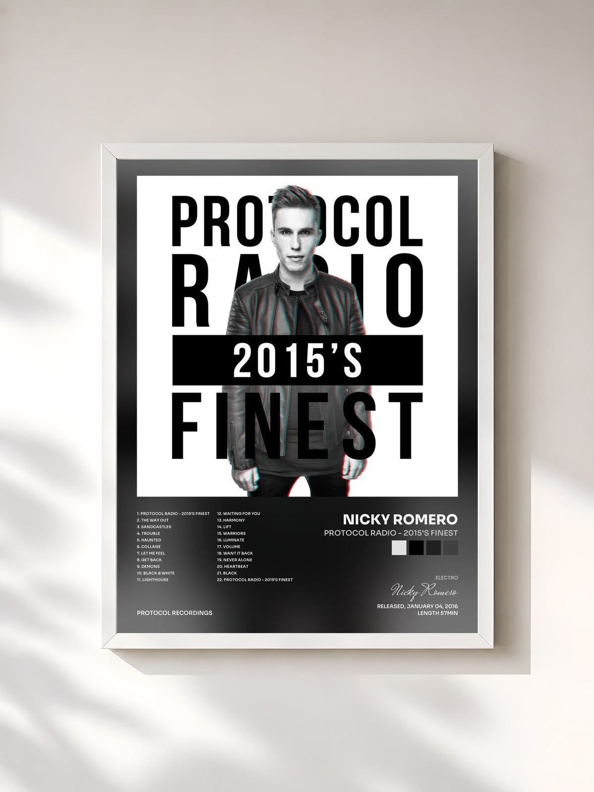 #blanc Protocol Radio - 2015's Finest von Nicky Romero als gerahmter Kunstdruck, weißer Rahmen, gedruckt und gerahmt in Frankreich