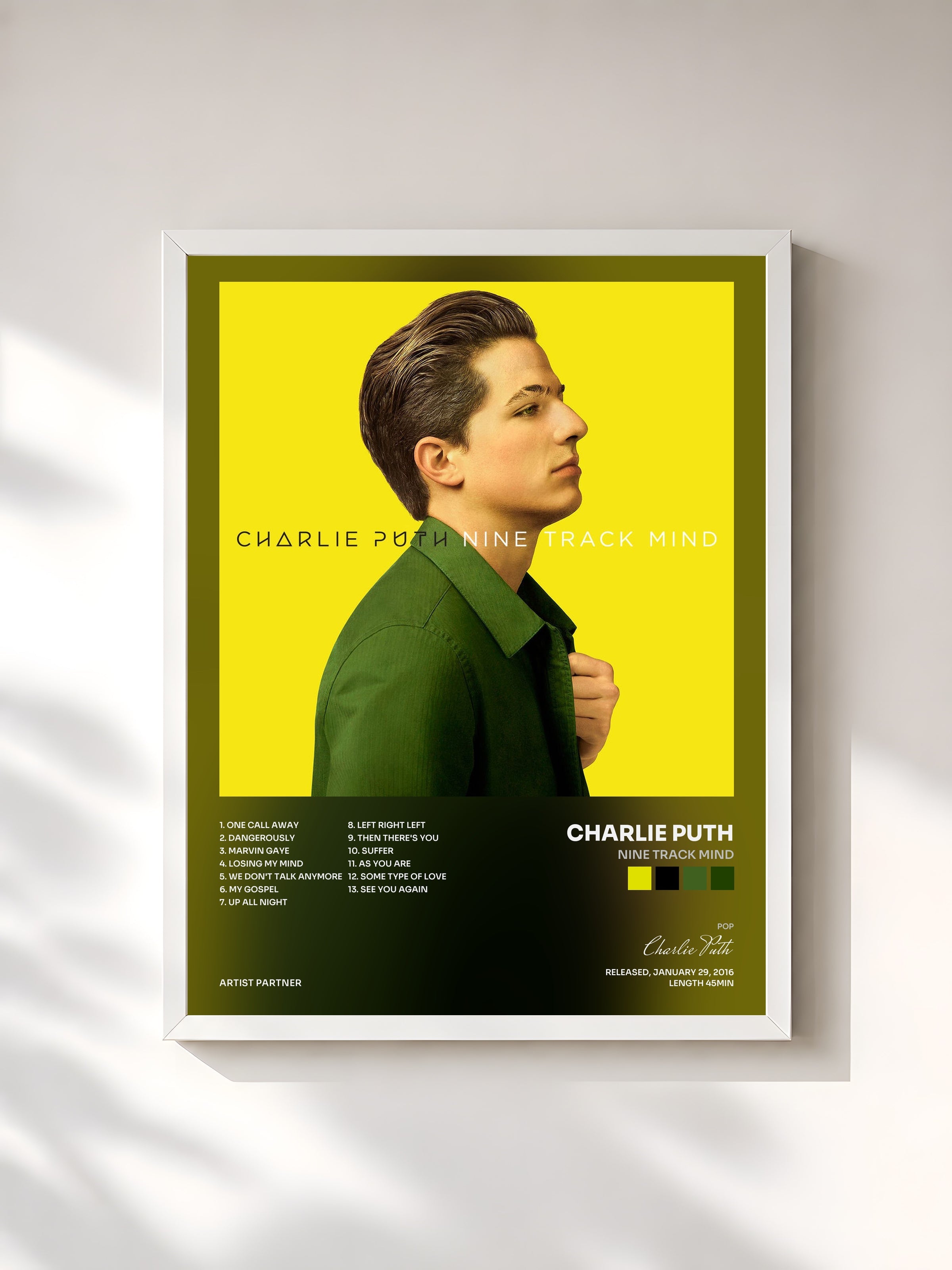 #blanc Tableau de l'album Nine Track Mind de Charlie Puth, cadre blanc, imprimé et encadré en France