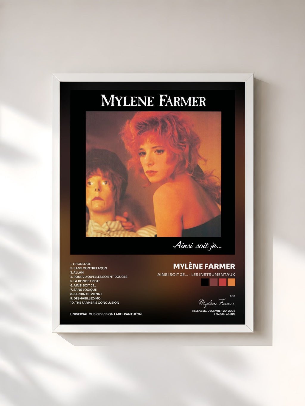 #blanc Tableau de l'album Ainsi soit je... - Les instrumentaux de Mylène Farmer, cadre blanc, imprimé et encadré en France