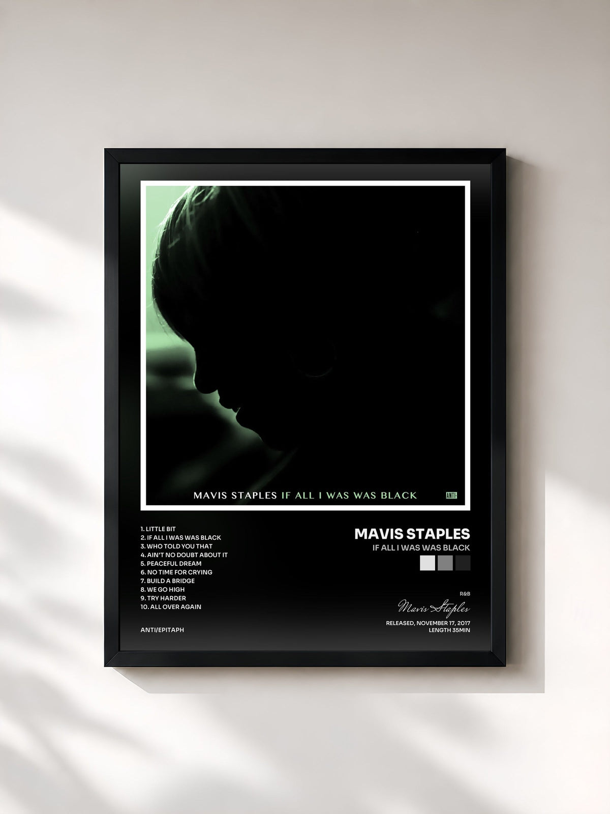 #noir Tableau de l'album If All I Was Was Black de Mavis Staples, cadre noir, imprimé et encadré en France