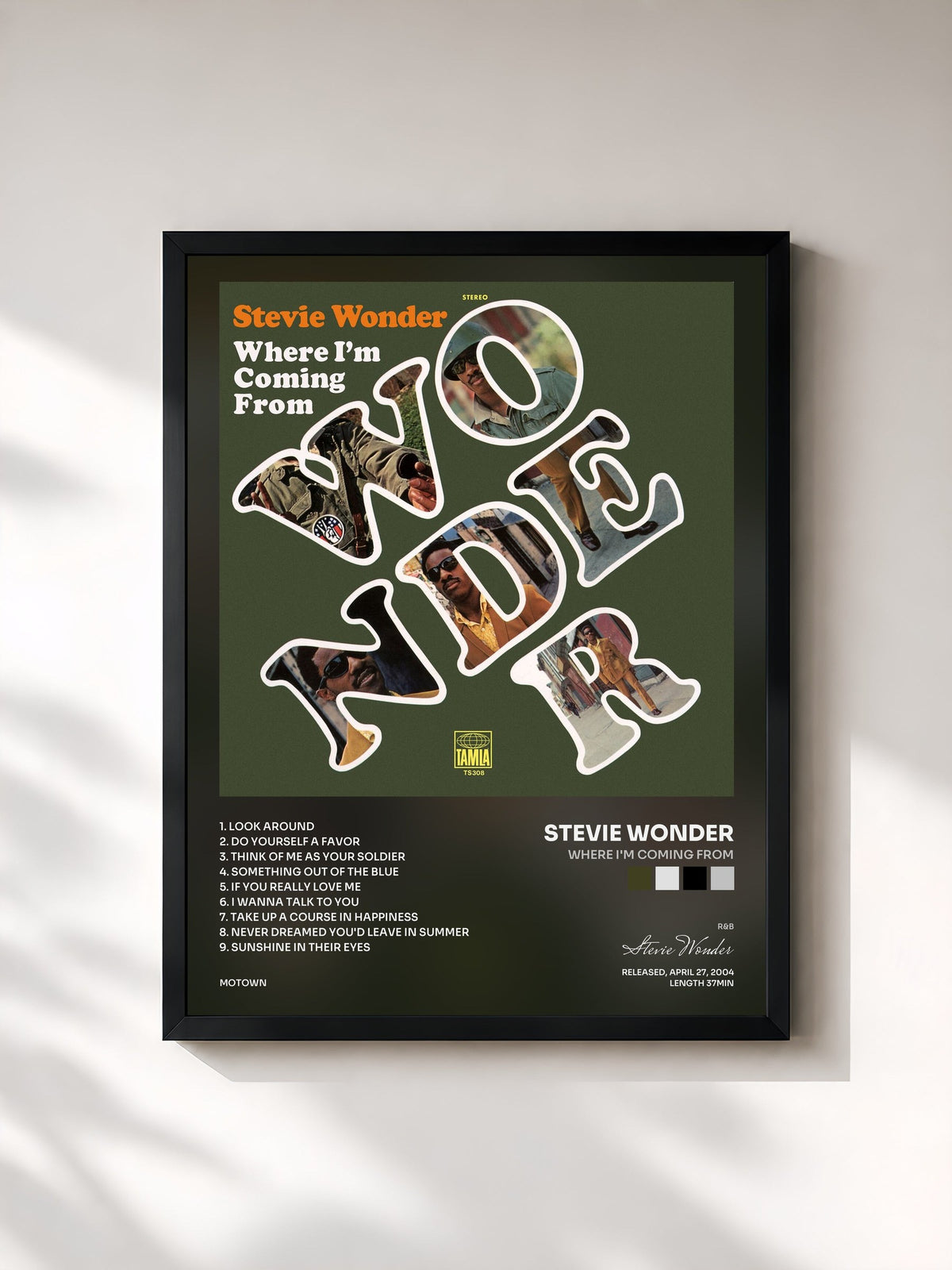 #noir Tableau de l'album Where I'm Coming From de Stevie Wonder, cadre noir, imprimé et encadré en France