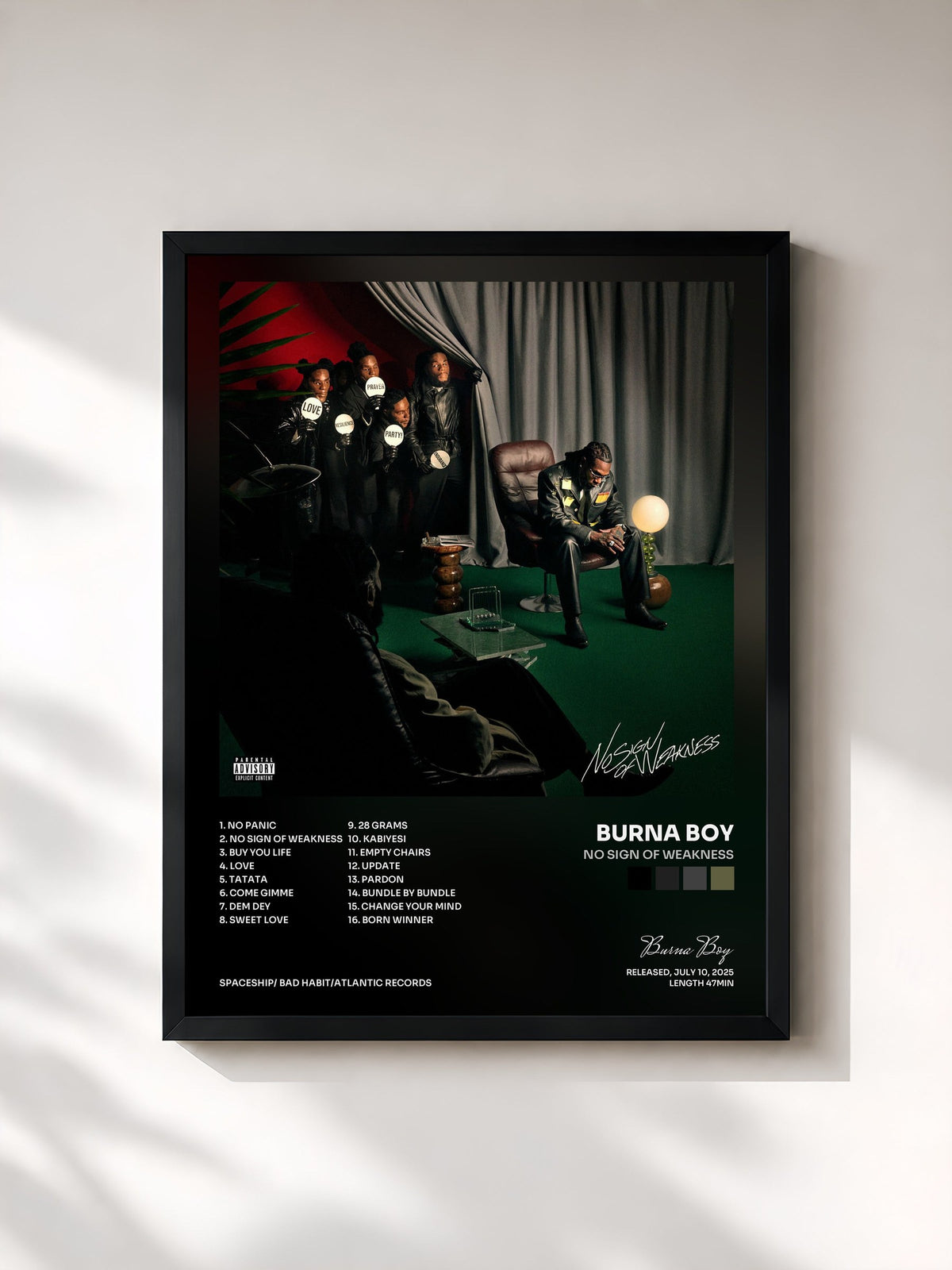 #noir Tableau de l'album No Sign of Weakness de Burna Boy, cadre noir, imprimé et encadré en France