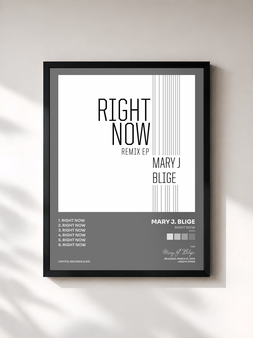 #noir Tableau de l'album Right Now (Remix) de Mary J. Blige, cadre noir, imprimé et encadré en France