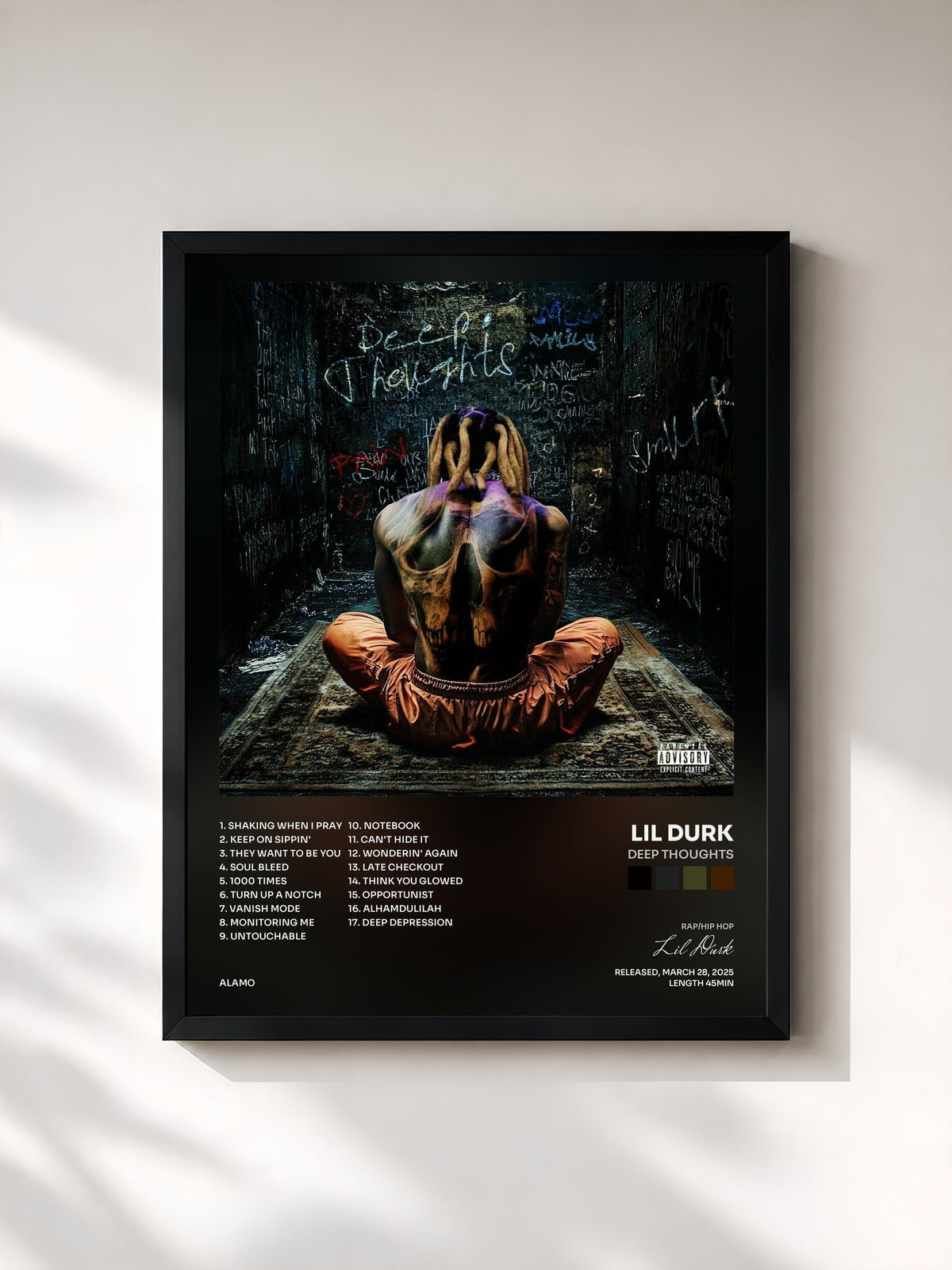 #noir Tableau de l'album Deep Thoughts de Lil Durk, cadre noir, imprimé et encadré en France