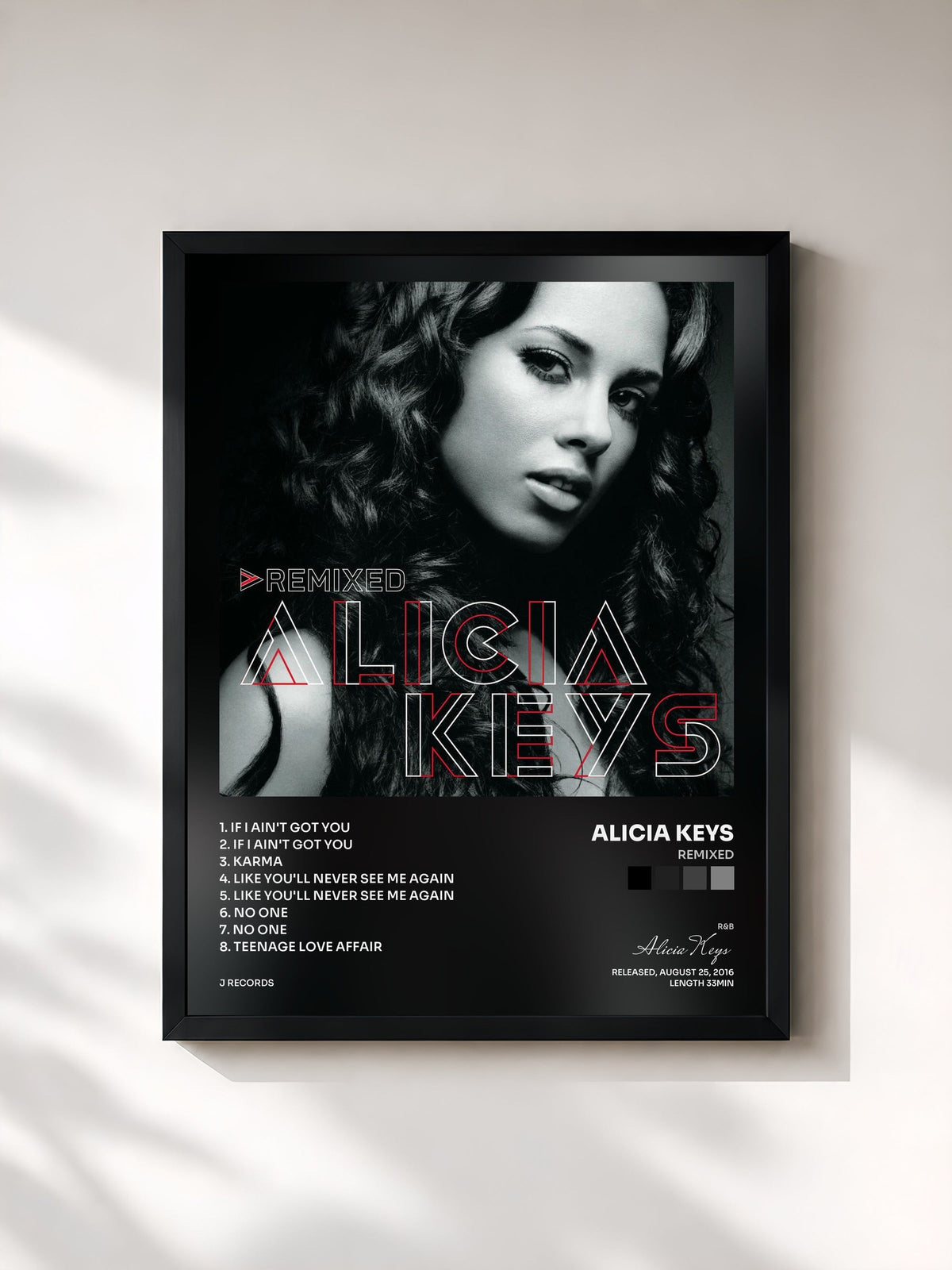 #noir Tableau de l'album Remixed de Alicia Keys, cadre noir, imprimé et encadré en France