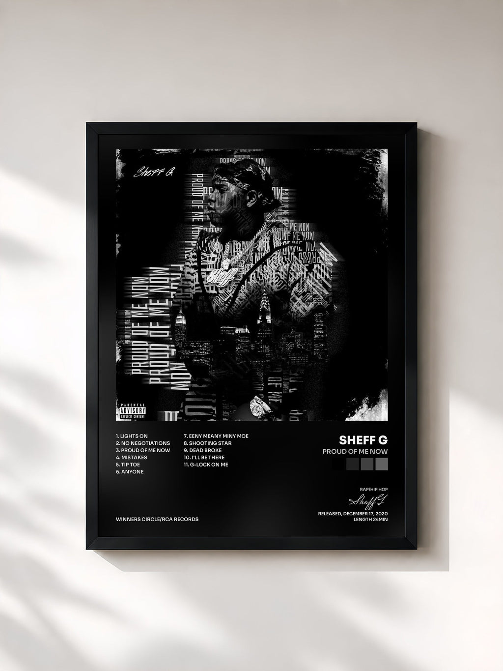#noir Tableau de l'album Proud Of Me Now de Sheff G, cadre noir, imprimé et encadré en France