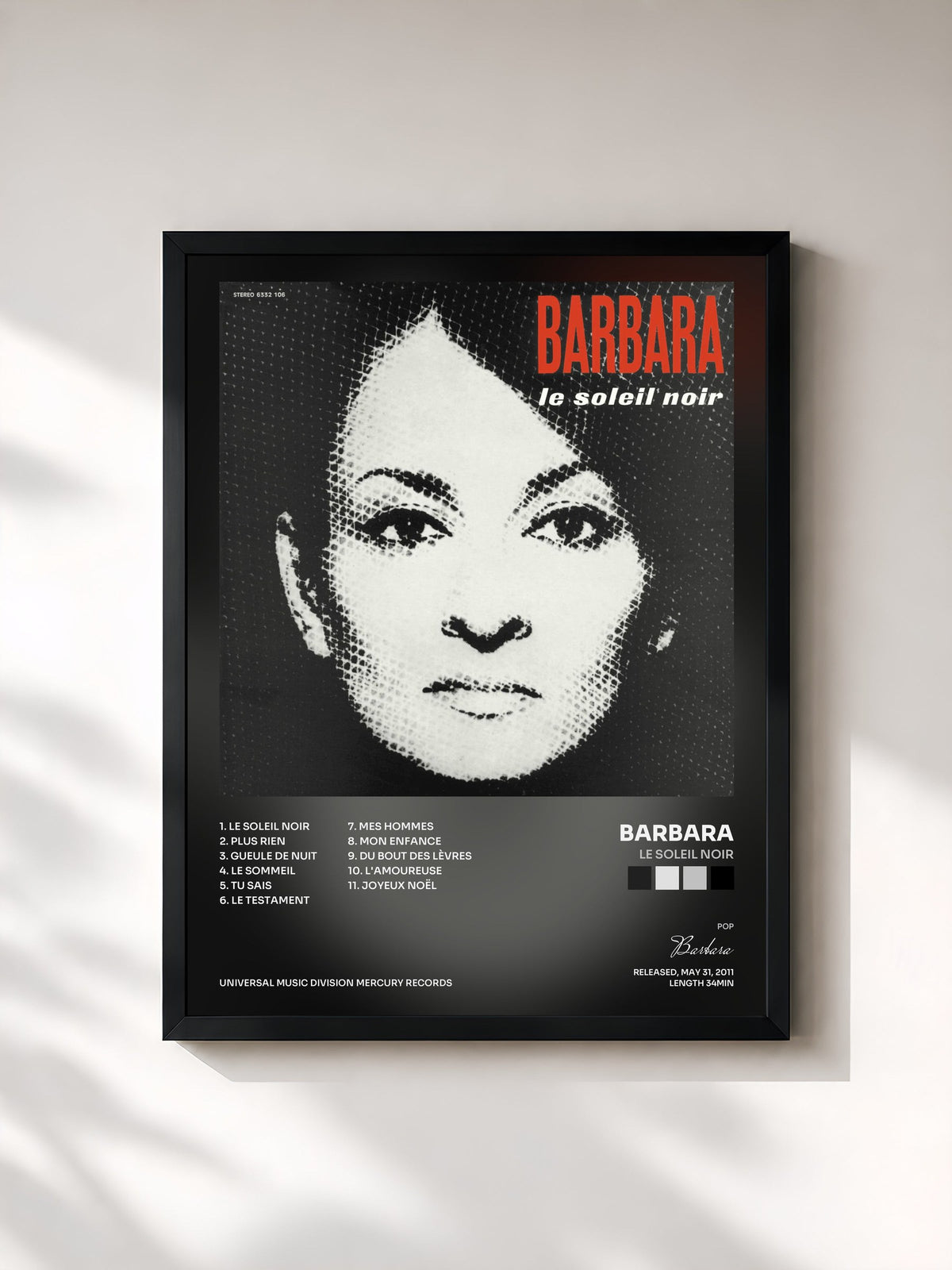 #noir Tableau de l'album Le Soleil Noir de Barbara, cadre noir, imprimé et encadré en France