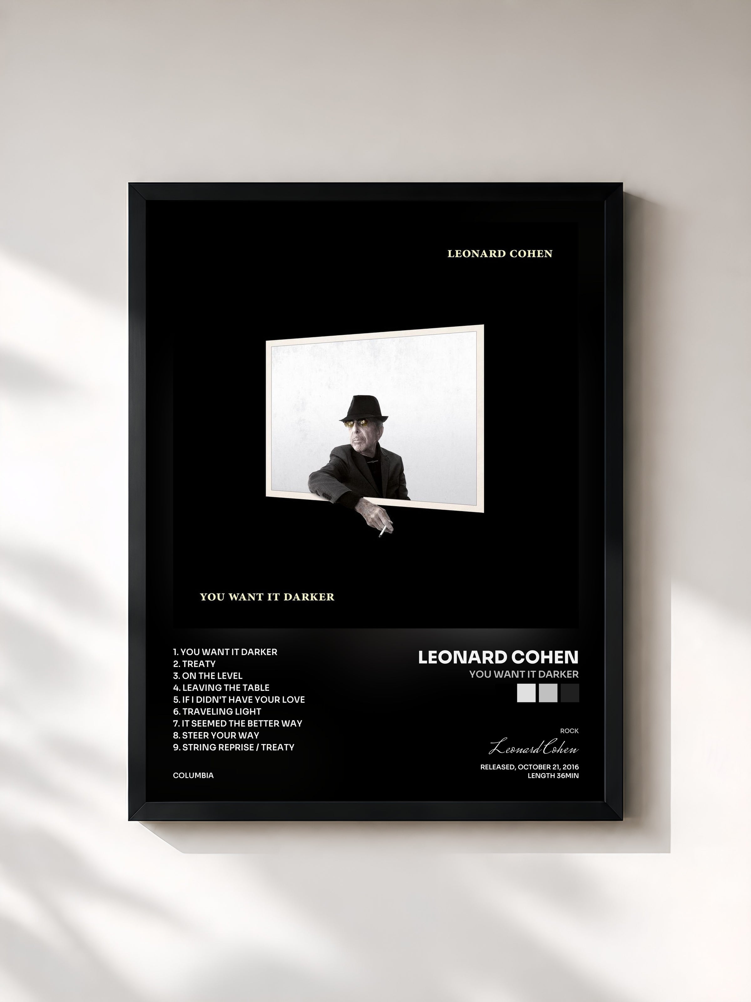 #noir You Want It Darker de Leonard Cohen en lámina enmarcada, marco negro, impresa y enmarcada en Francia