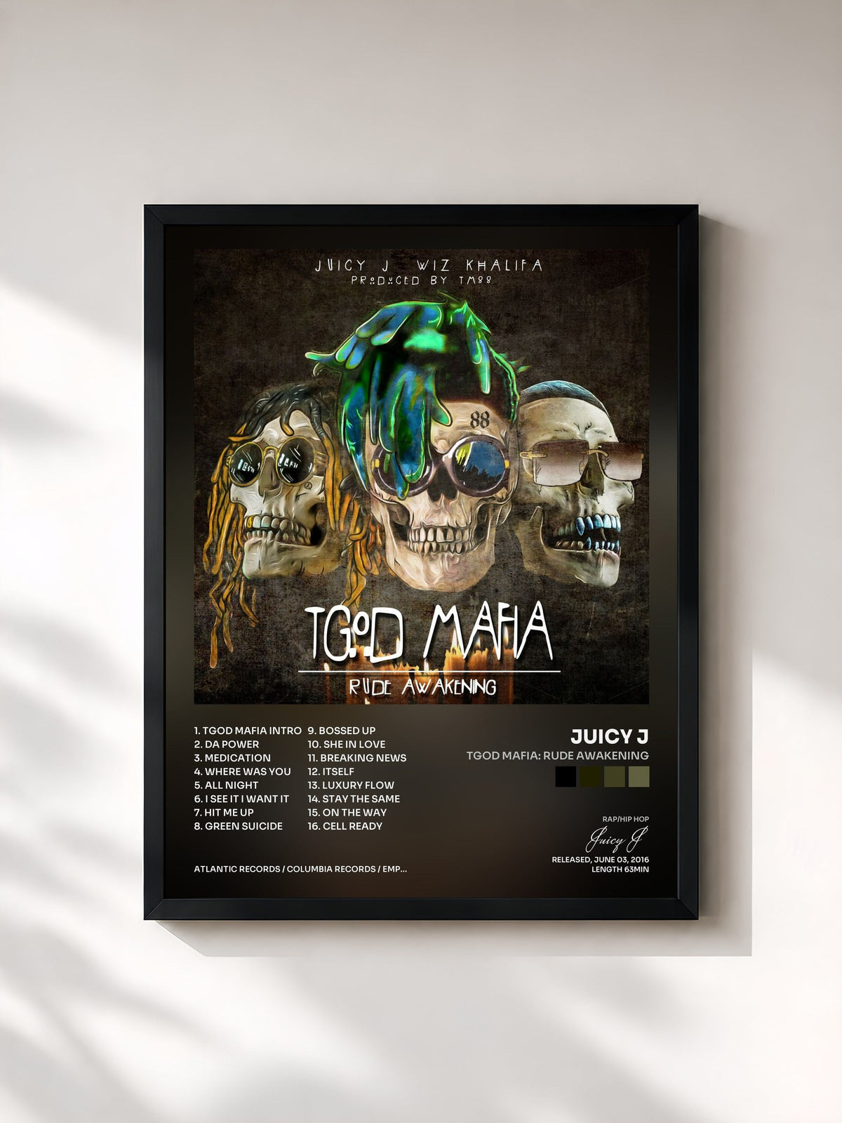 #noir Tableau de l'album TGOD Mafia: Rude Awakening de Juicy J, cadre noir, imprimé et encadré en France