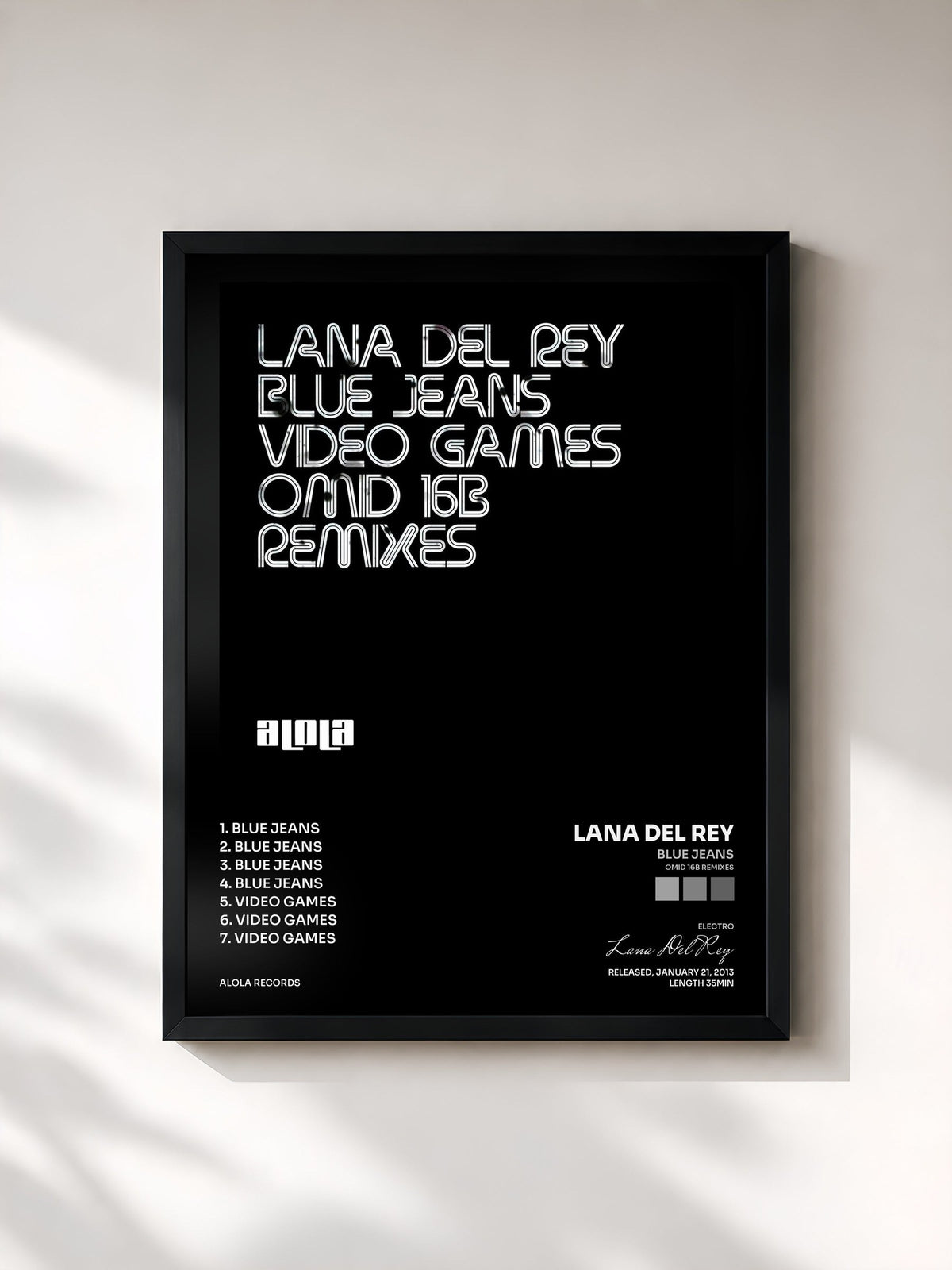 #noir Tableau de l'album Blue Jeans (Omid 16B Remixes) de Lana Del Rey, cadre noir, imprimé et encadré en France