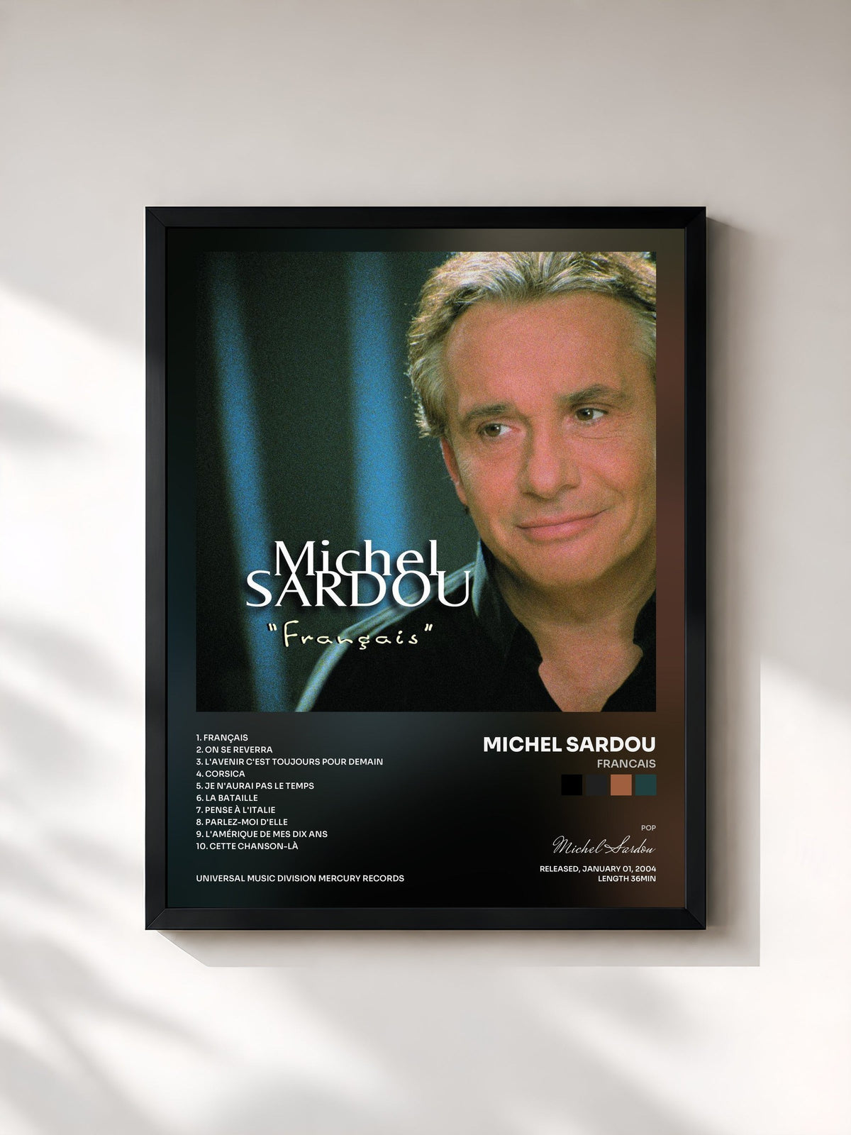 #noir Francais de Michel Sardou en lámina enmarcada, marco negro, impresa y enmarcada en Francia
