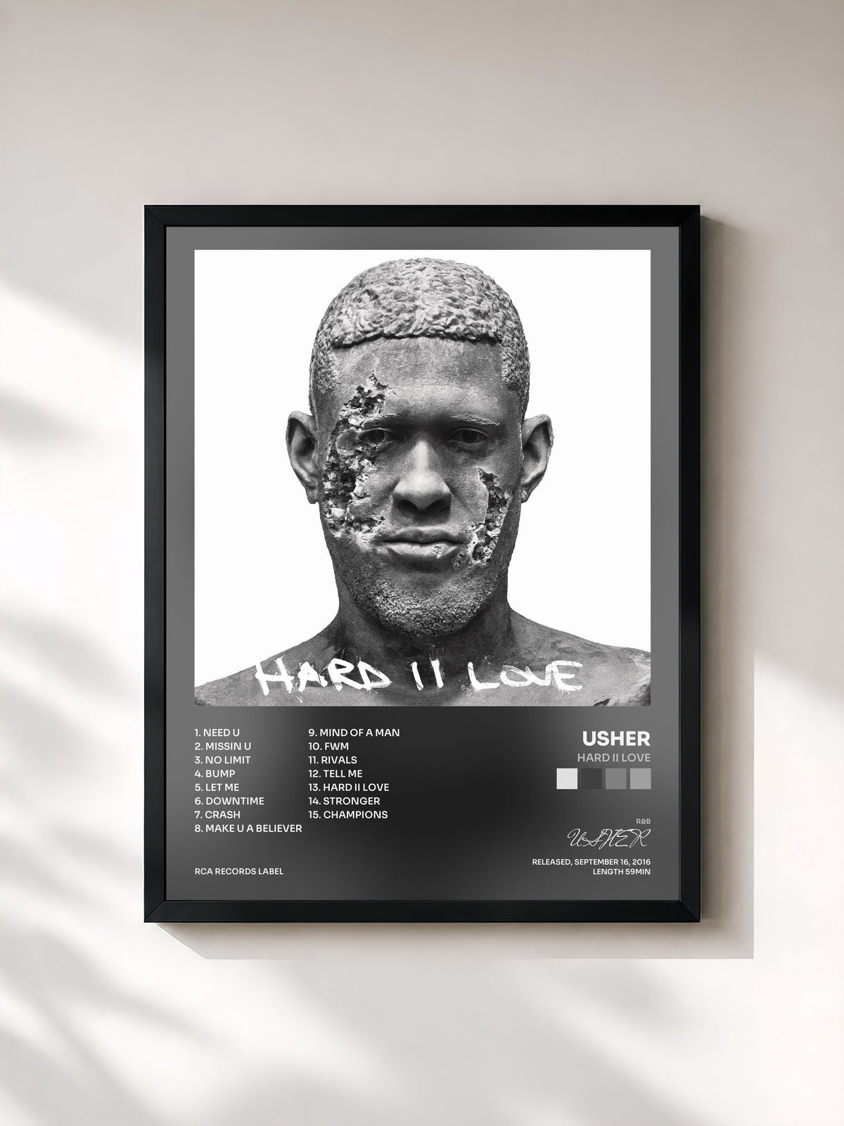 #noir Tableau de l'album Hard II Love de USHER, cadre noir, imprimé et encadré en France