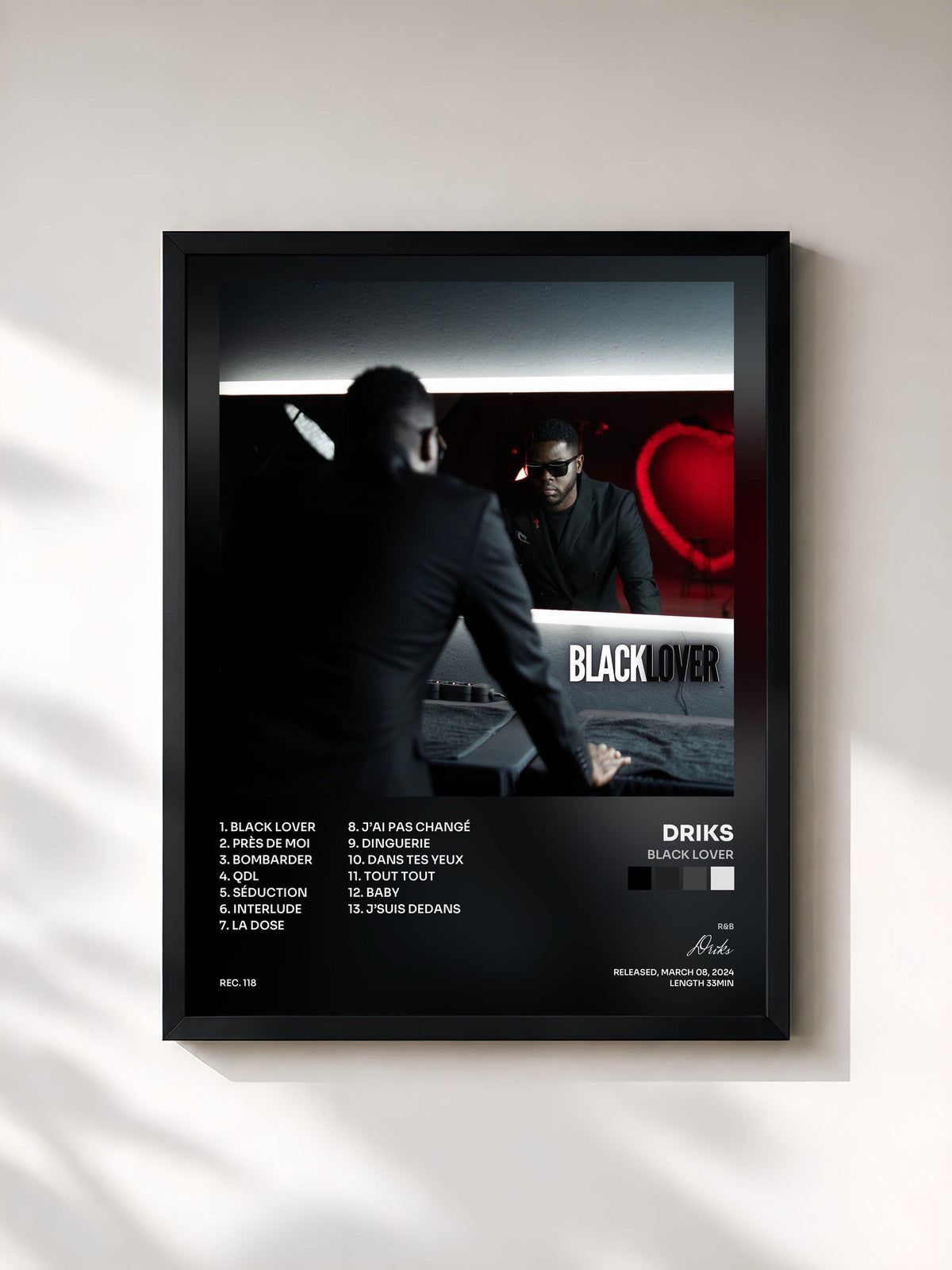 #noir Tableau de l'album Black Lover de Driks, cadre noir, imprimé et encadré en France