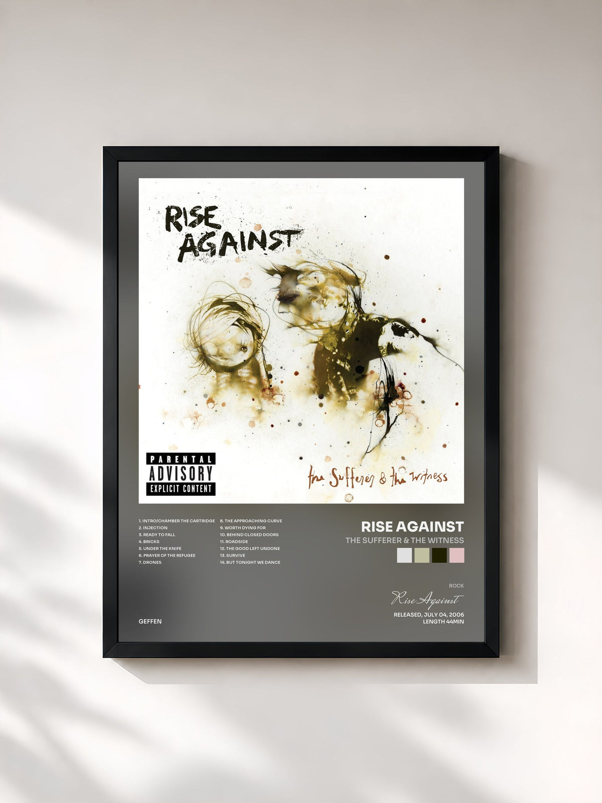 #noir Tableau de l'album The Sufferer & The Witness de Rise Against, cadre noir, imprimé et encadré en France