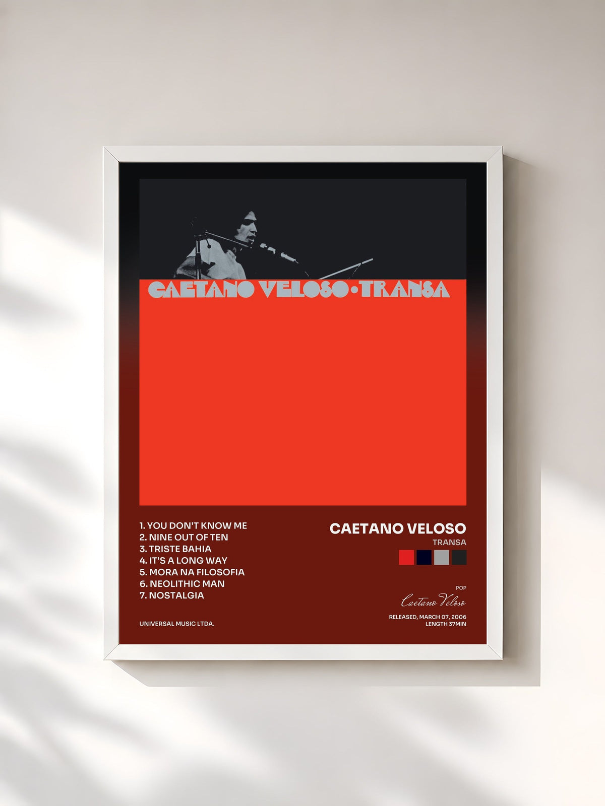 #blanc Tableau de l'album Transa de Caetano Veloso, cadre blanc, imprimé et encadré en France