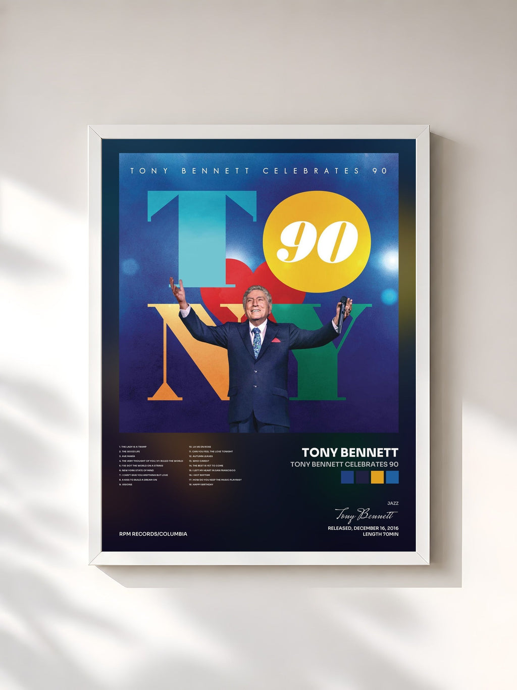 #blanc Tableau de l'album Tony Bennett Celebrates 90 de Tony Bennett, cadre blanc, imprimé et encadré en France