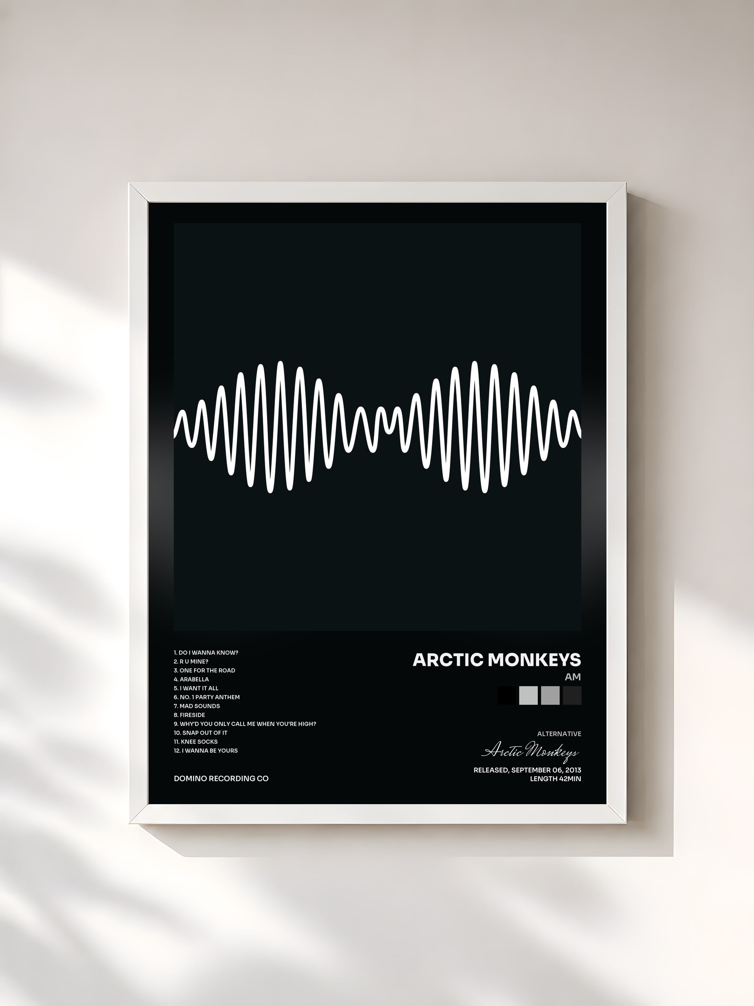 #blanc Tableau de l'album AM de Arctic Monkeys, cadre blanc, imprimé et encadré en France