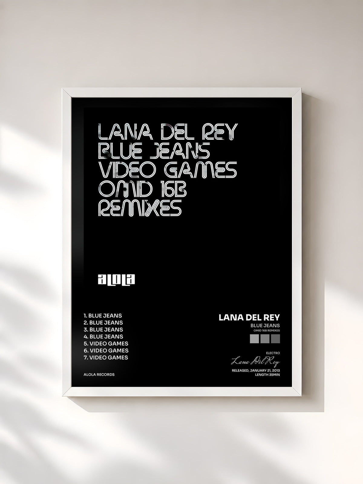 #blanc Tableau de l'album Blue Jeans (Omid 16B Remixes) de Lana Del Rey, cadre blanc, imprimé et encadré en France