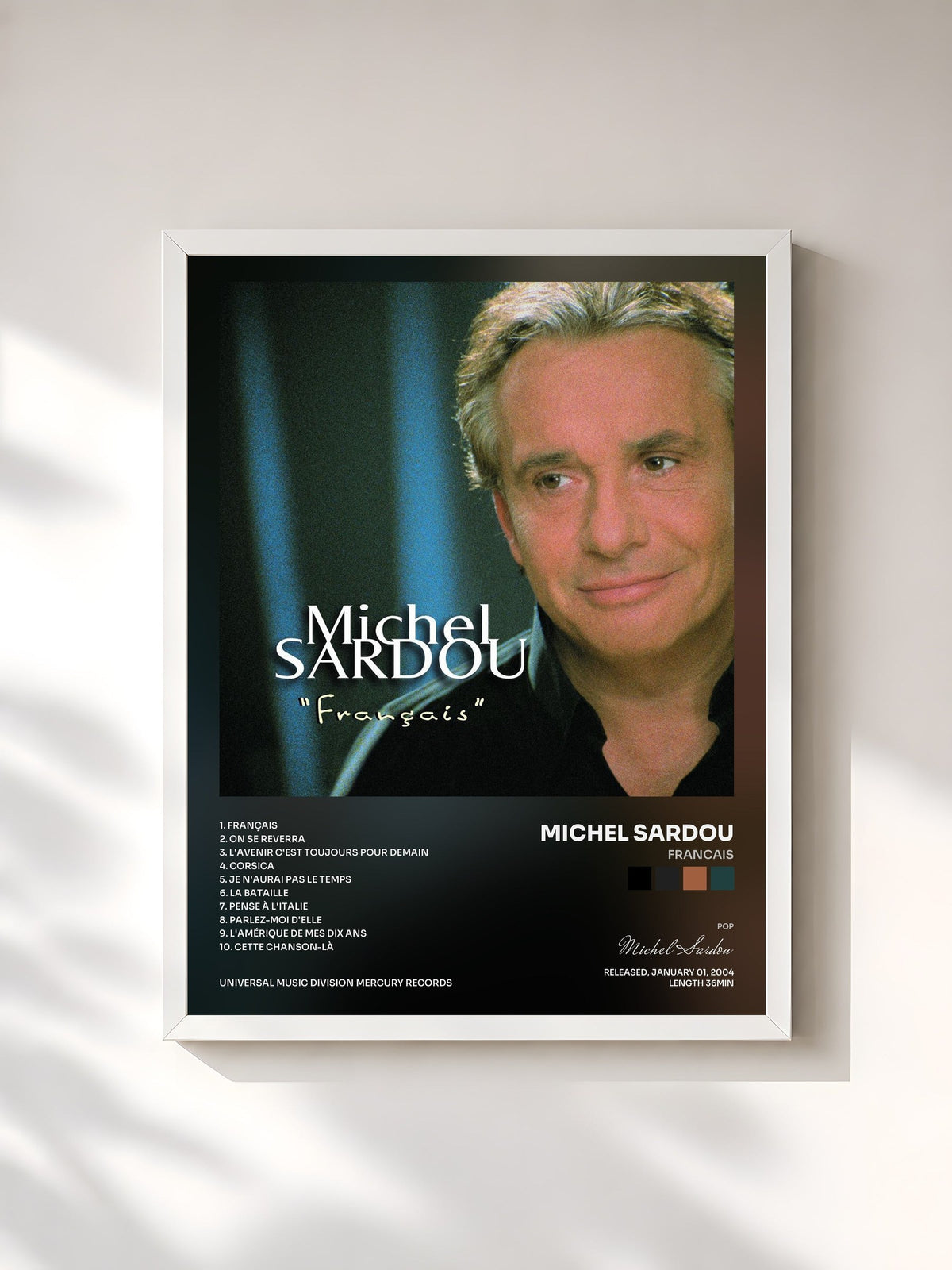 #blanc Francais de Michel Sardou en lámina enmarcada, marco blanco, impresa y enmarcada en Francia