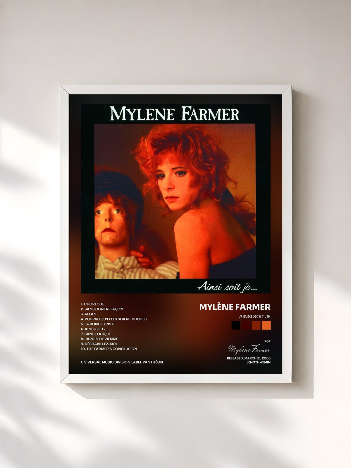 #blanc Tableau de l'album Ainsi Soit Je de Mylène Farmer, cadre blanc, imprimé et encadré en France
