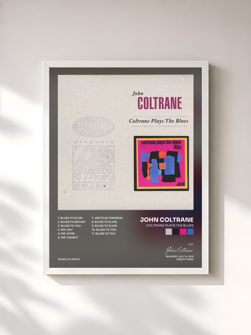 #blanc Tableau de l'album Coltrane Plays the Blues de John Coltrane, cadre blanc, imprimé et encadré en France