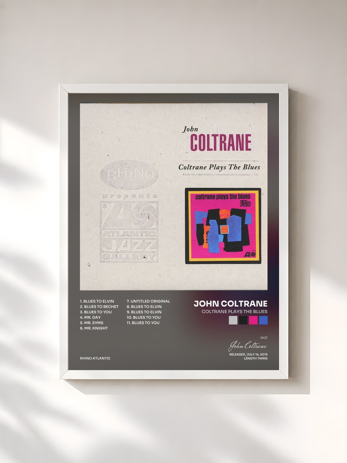 #blanc Tableau de l'album Coltrane Plays the Blues de John Coltrane, cadre blanc, imprimé et encadré en France