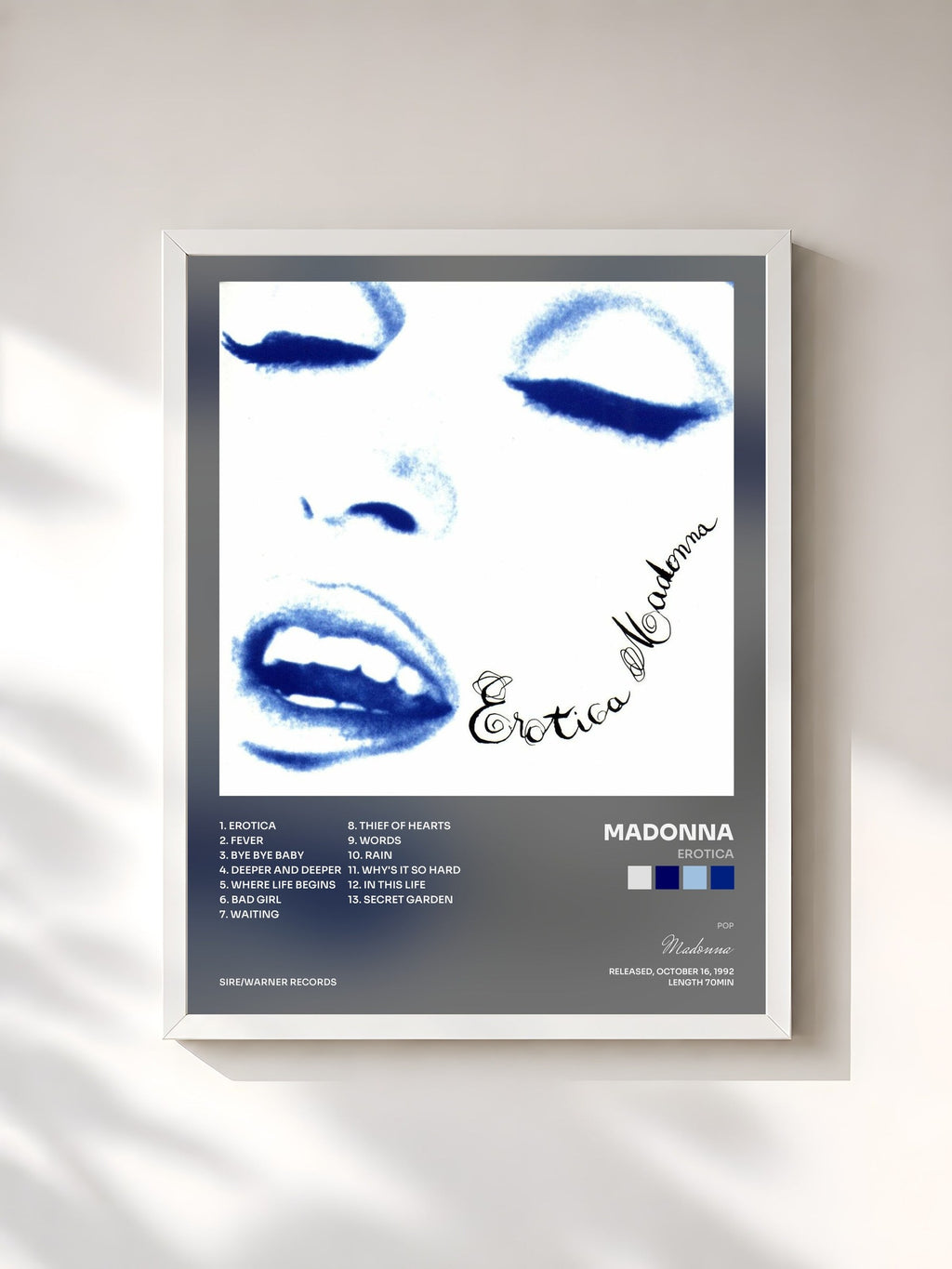 #blanc Tableau de l'album Erotica de Madonna, cadre blanc, imprimé et encadré en France