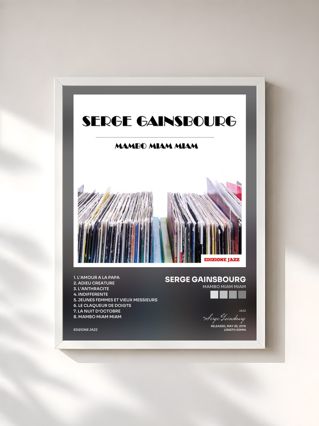 #blanc Tableau de l'album Mambo Miam Miam de Serge Gainsbourg, cadre blanc, imprimé et encadré en France