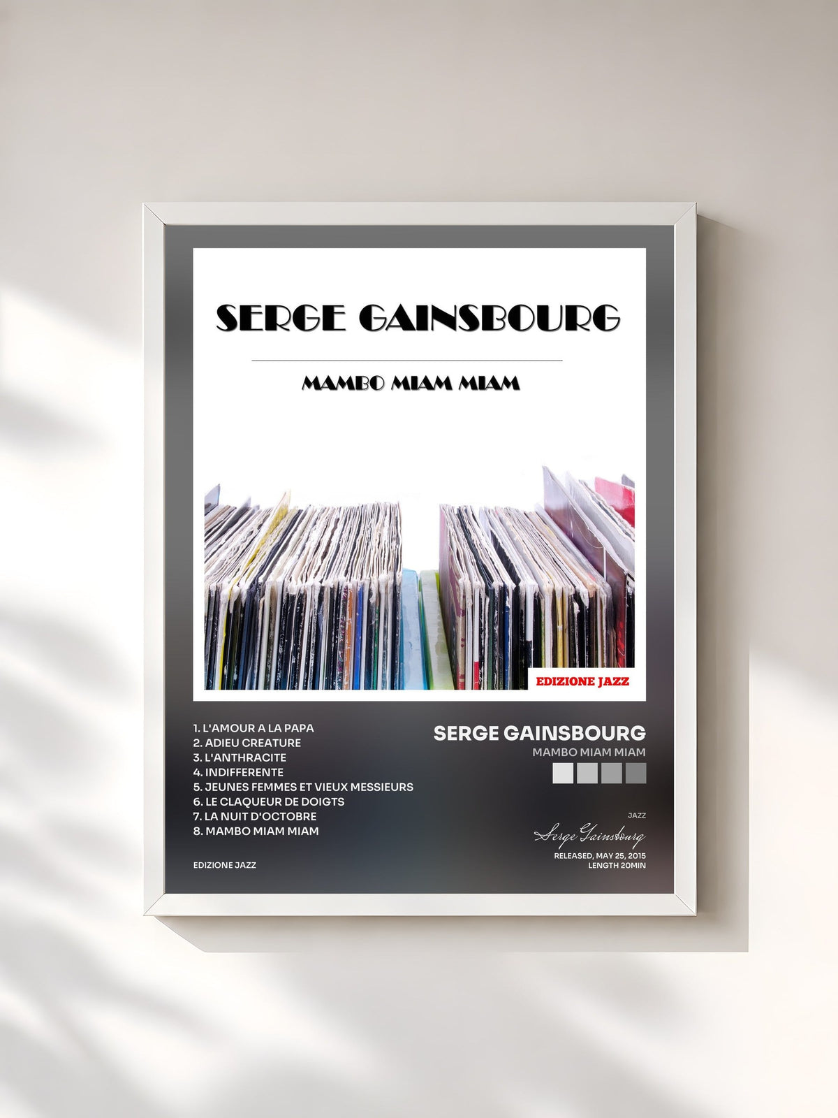 #blanc Tableau de l'album Mambo Miam Miam de Serge Gainsbourg, cadre blanc, imprimé et encadré en France