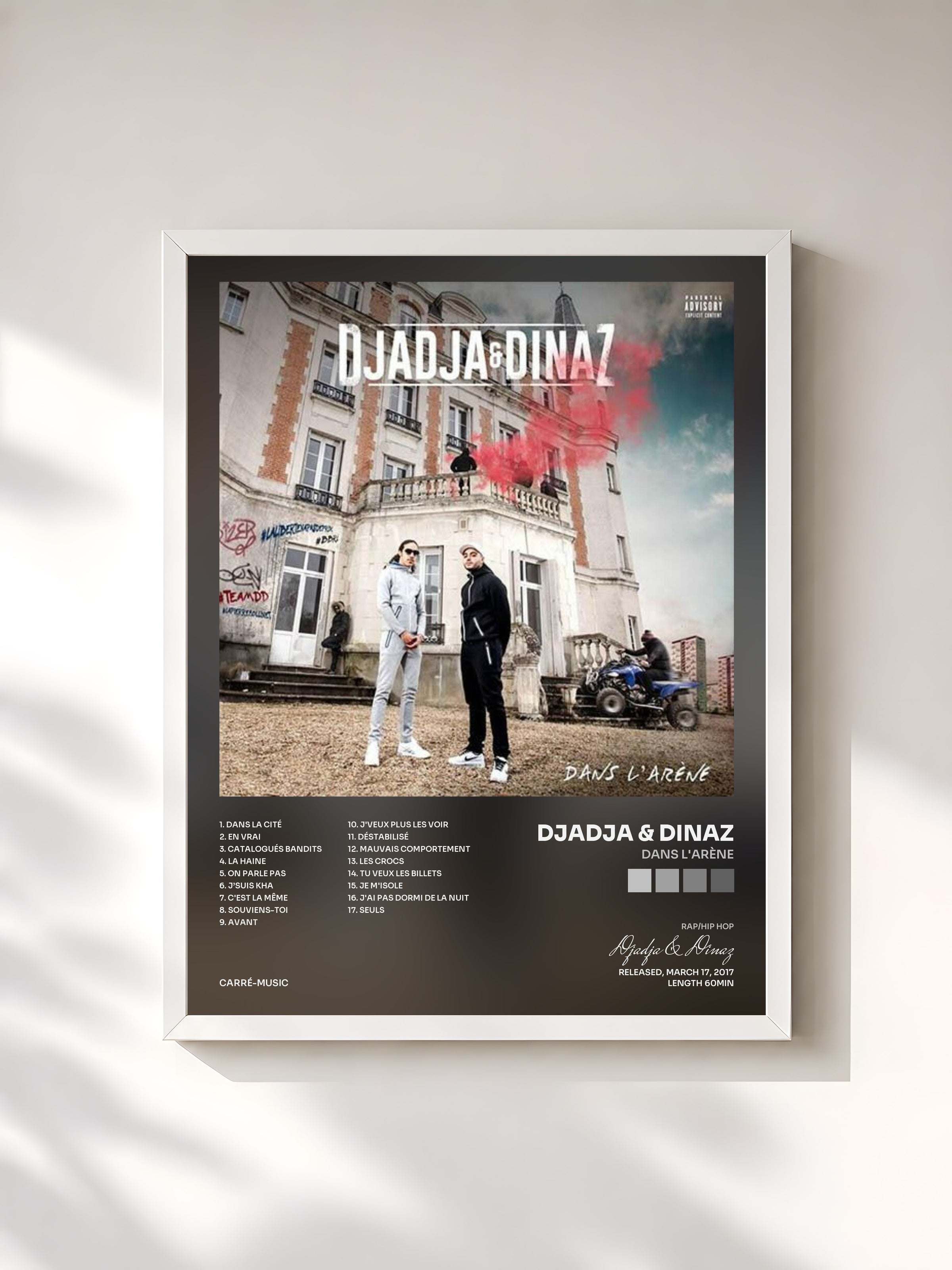#blanc Tableau de l'album Dans l'arène de Djadja & Dinaz, cadre blanc, imprimé et encadré en France