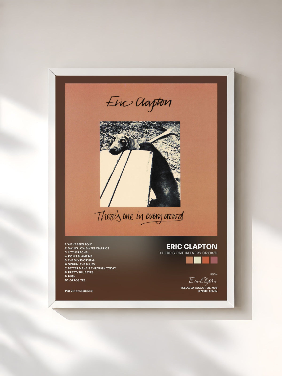 #blanc Tableau de l'album There's One In Every Crowd de Eric Clapton, cadre blanc, imprimé et encadré en France
