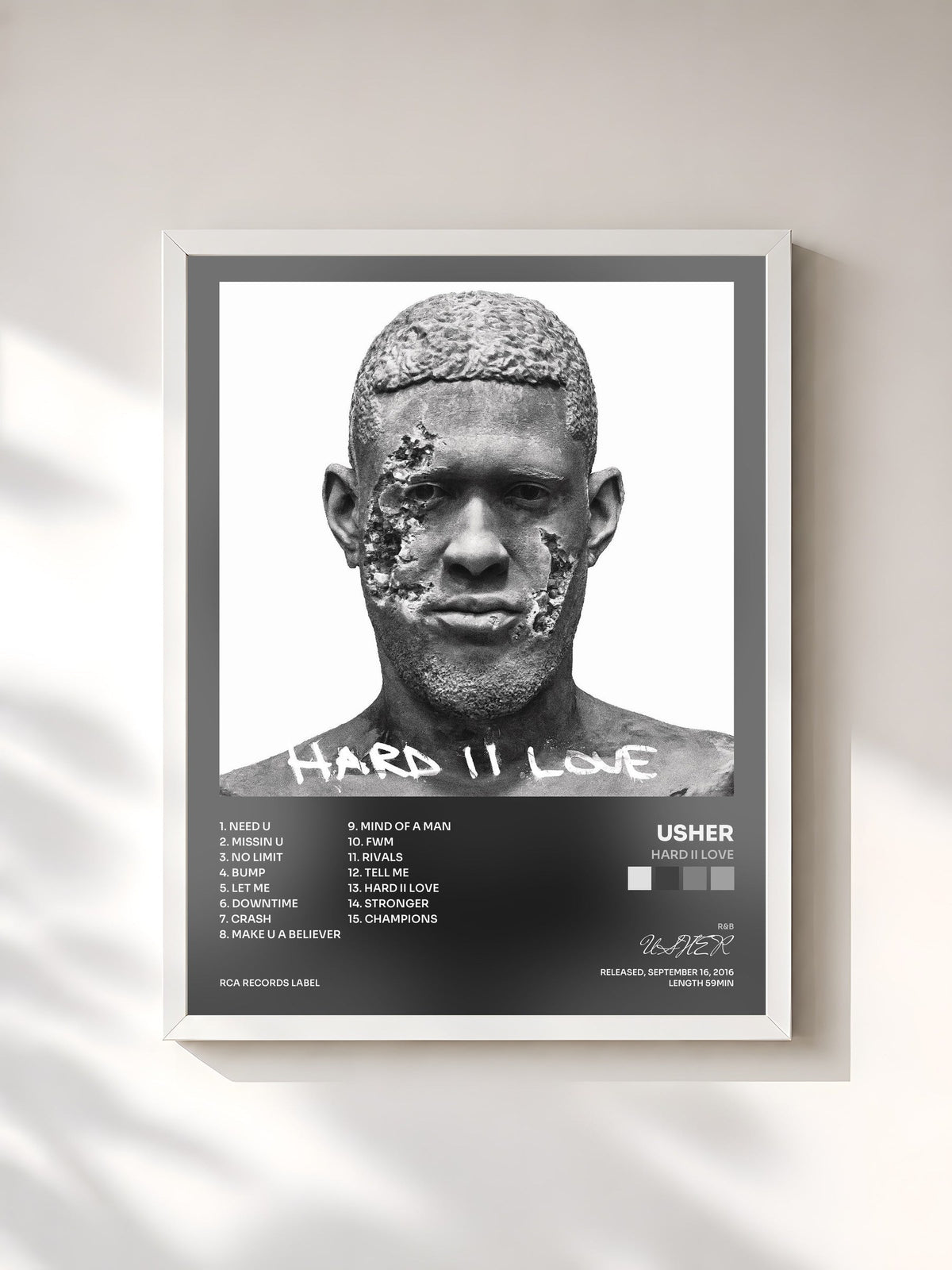 #blanc Tableau de l'album Hard II Love de USHER, cadre blanc, imprimé et encadré en France