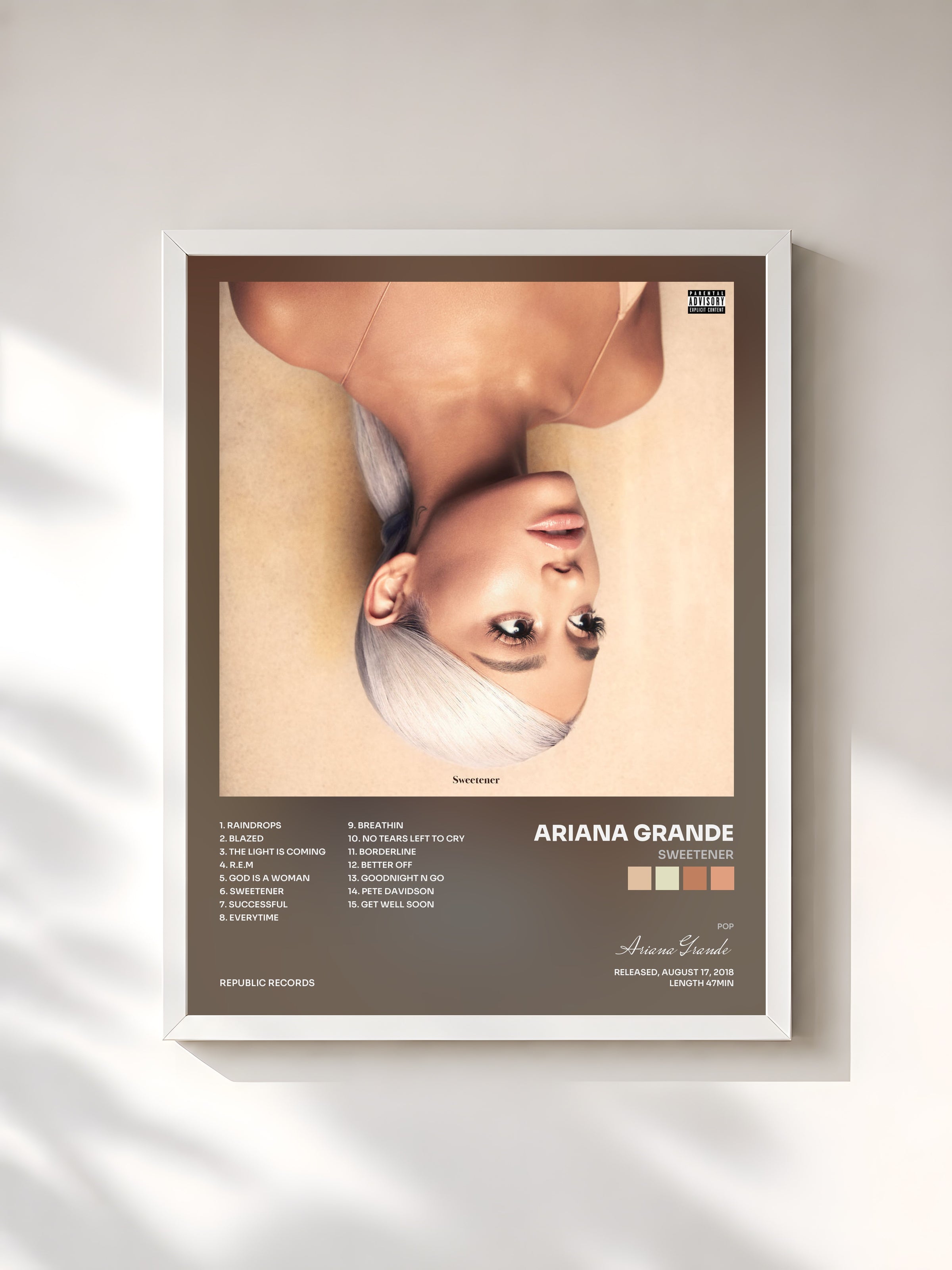 #blanc Sweetener by Ariana Grande as a framed art print, white frame, printed and framed in France