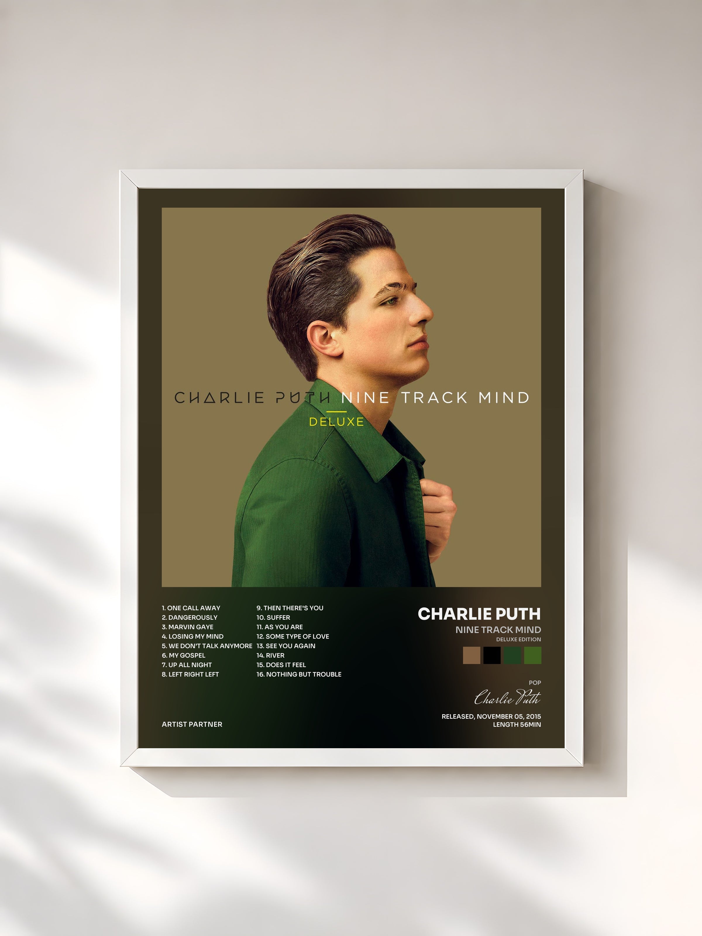 #blanc Tableau de l'album Nine Track Mind (Deluxe Edition) de Charlie Puth, cadre blanc, imprimé et encadré en France