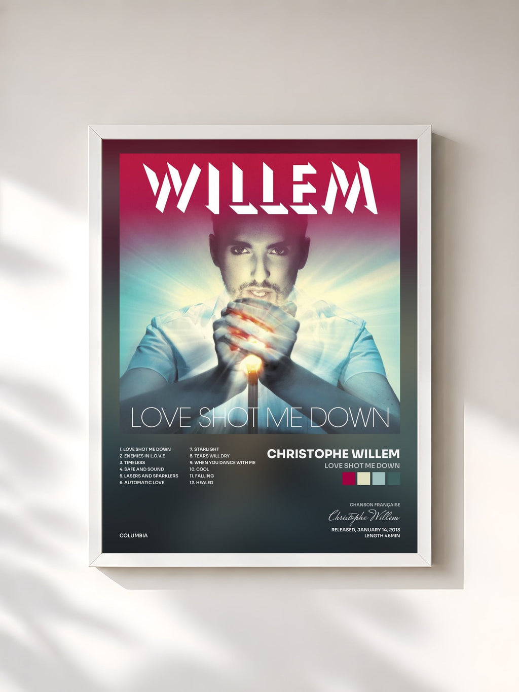 #blanc Love Shot Me Down by Christophe Willem as a framed art print, white frame, printed and framed in France