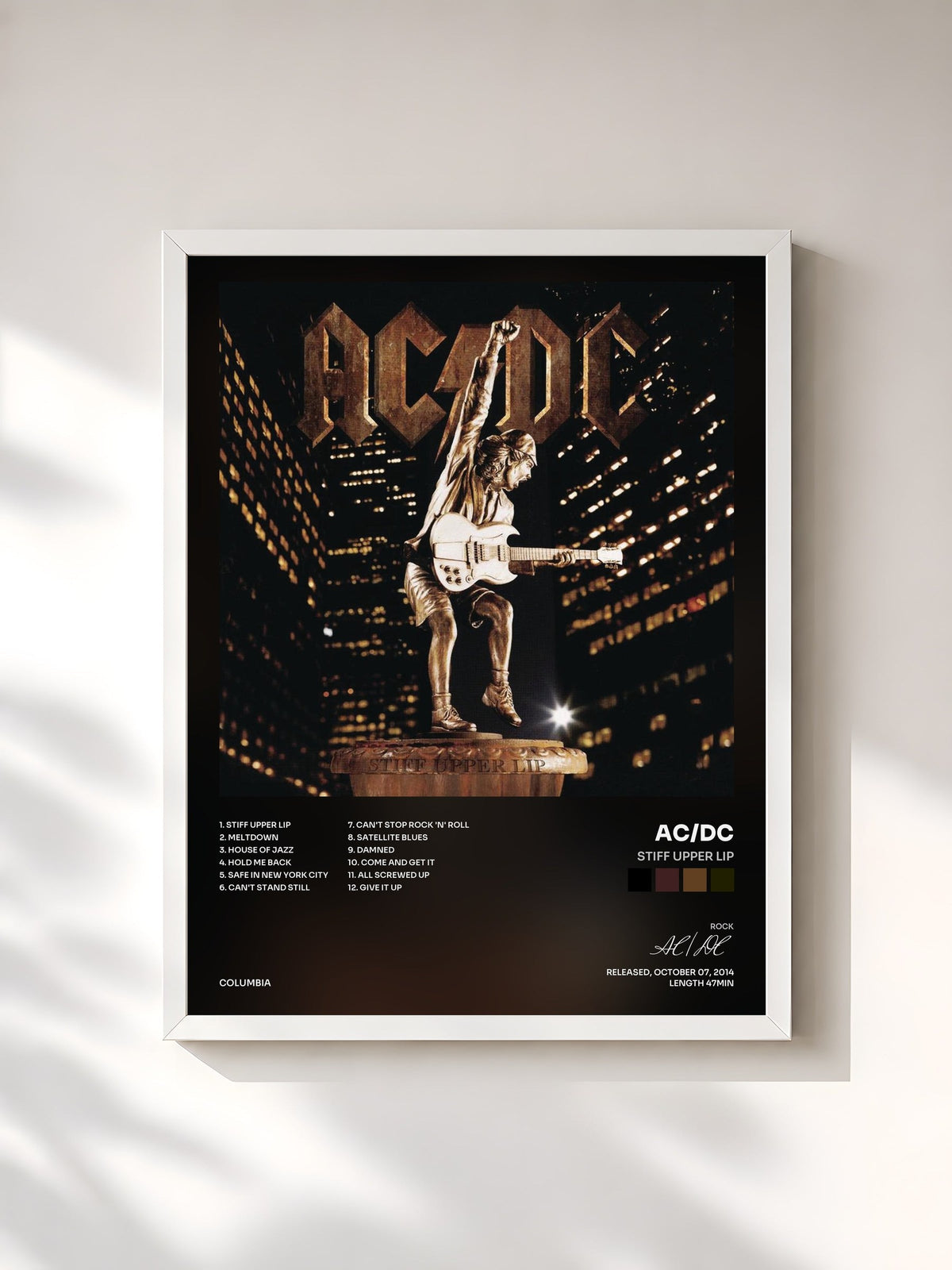 #blanc Tableau de l'album Stiff Upper Lip de AC/DC, cadre blanc, imprimé et encadré en France