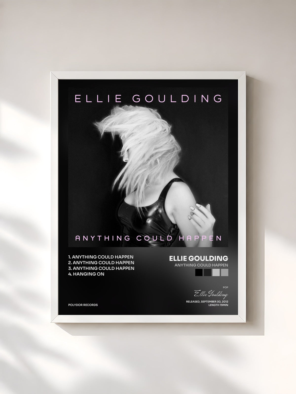 #blanc Tableau de l'album Anything Could Happen de Ellie Goulding, cadre blanc, imprimé et encadré en France