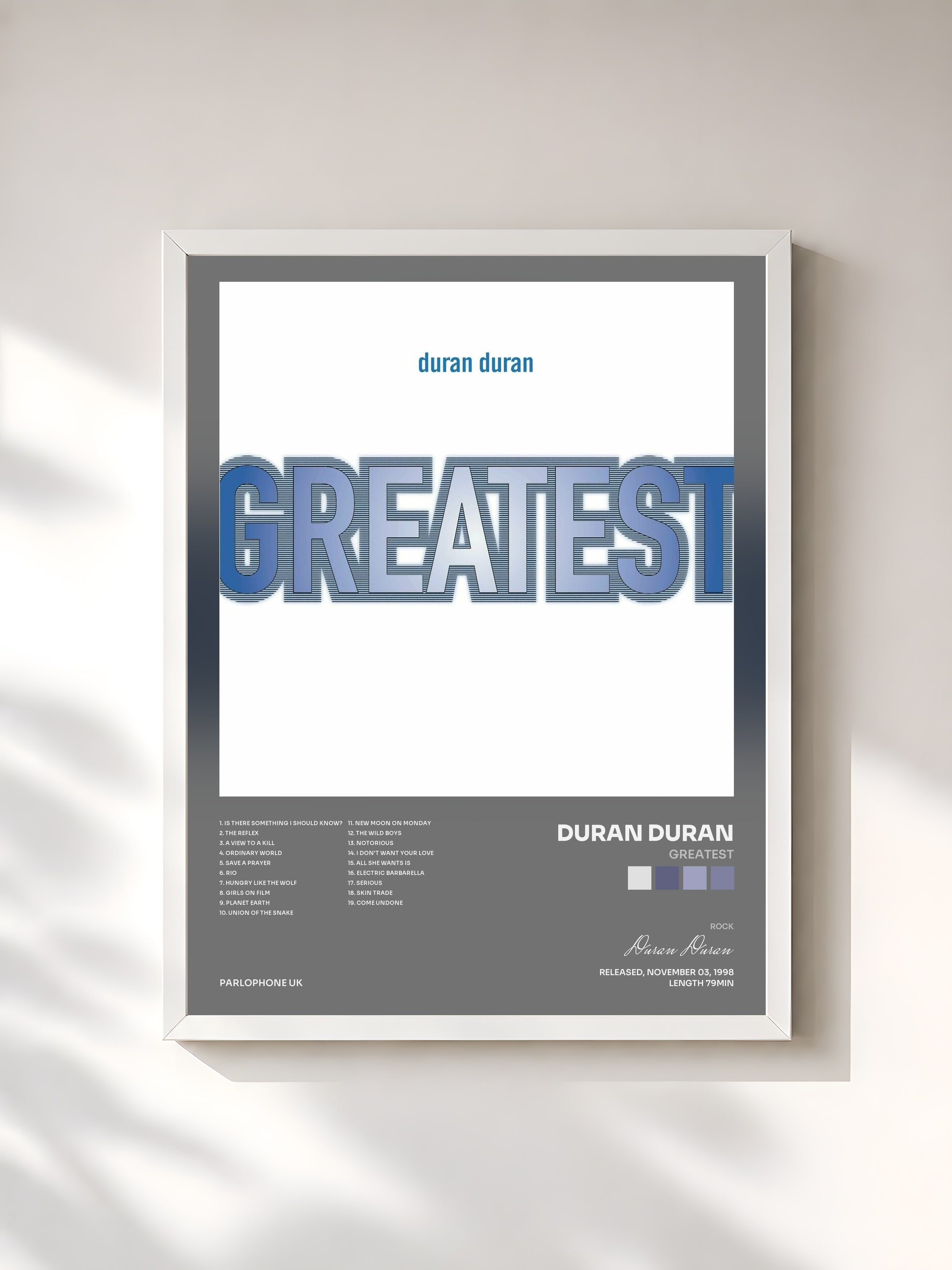 #blanc Greatest by Duran Duran as a framed art print, white frame, printed and framed in France