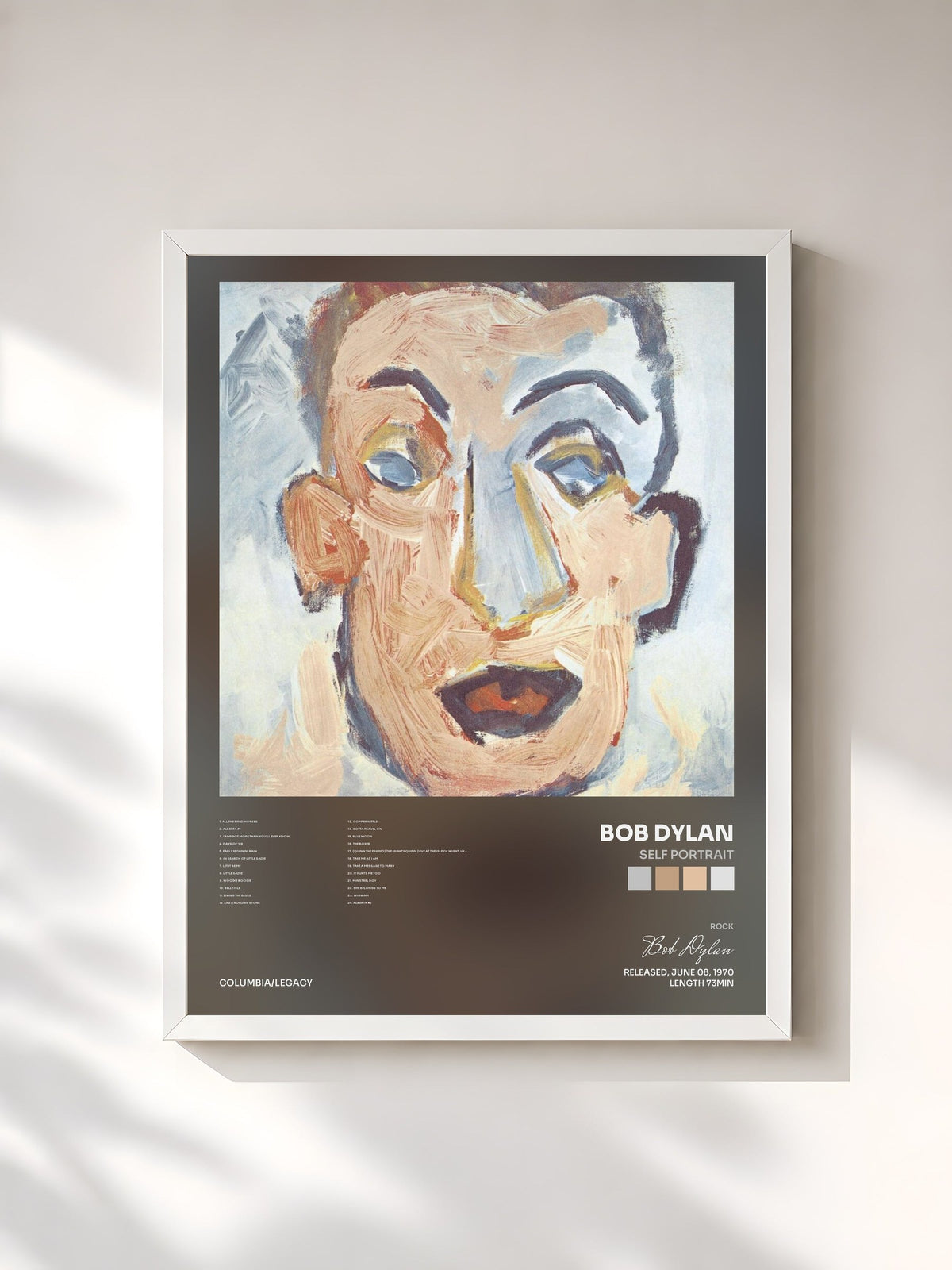 #blanc Tableau de l'album Self Portrait de Bob Dylan, cadre blanc, imprimé et encadré en France