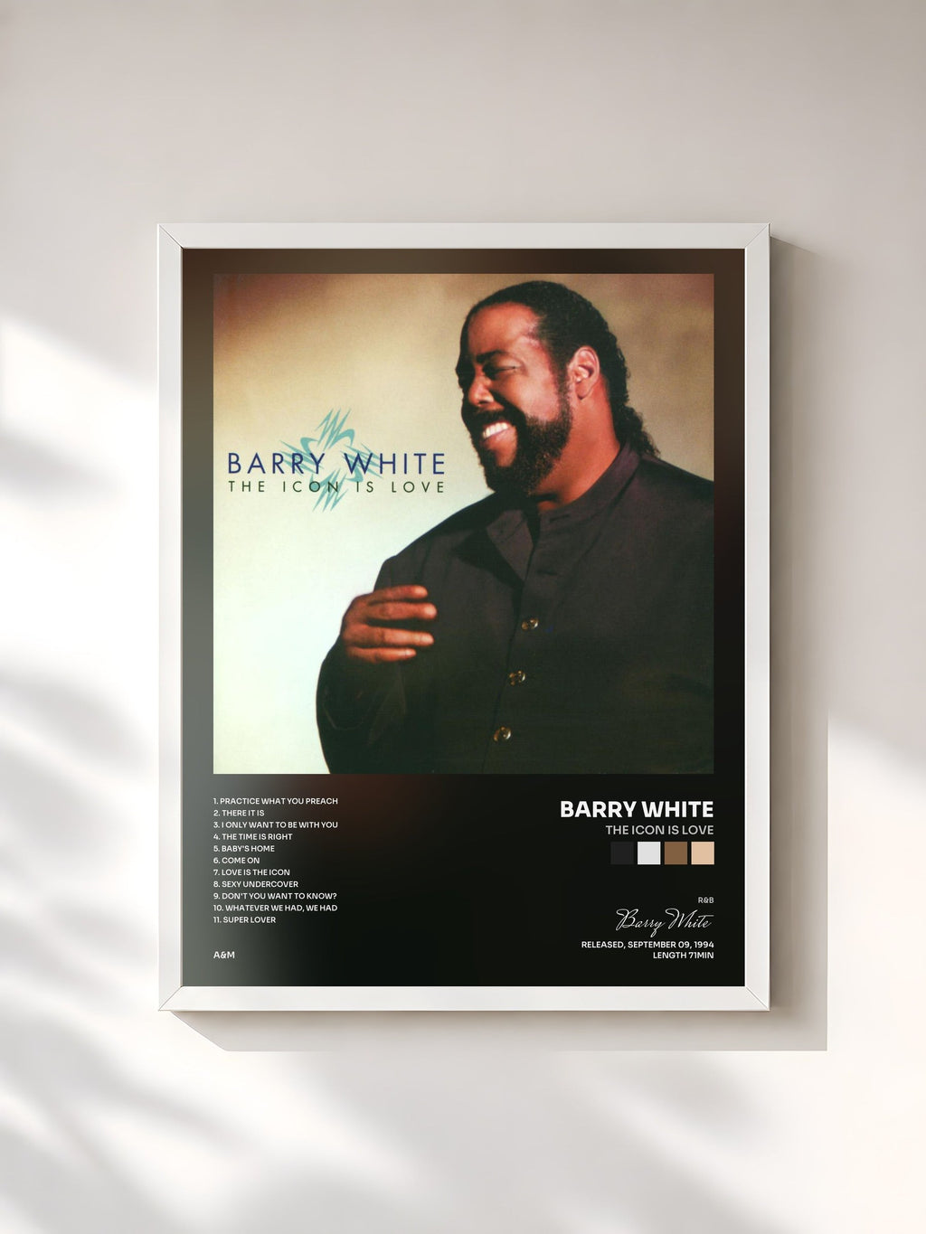 #blanc The Icon Is Love by Barry White as a framed art print, white frame, printed and framed in France