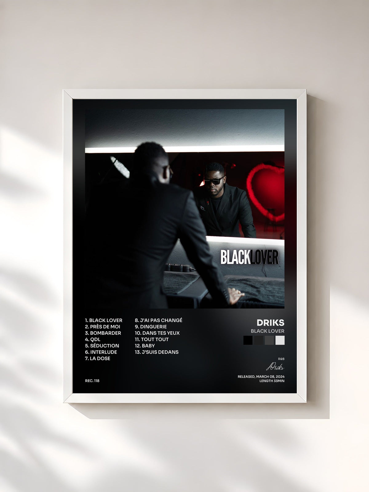 #blanc Tableau de l'album Black Lover de Driks, cadre blanc, imprimé et encadré en France