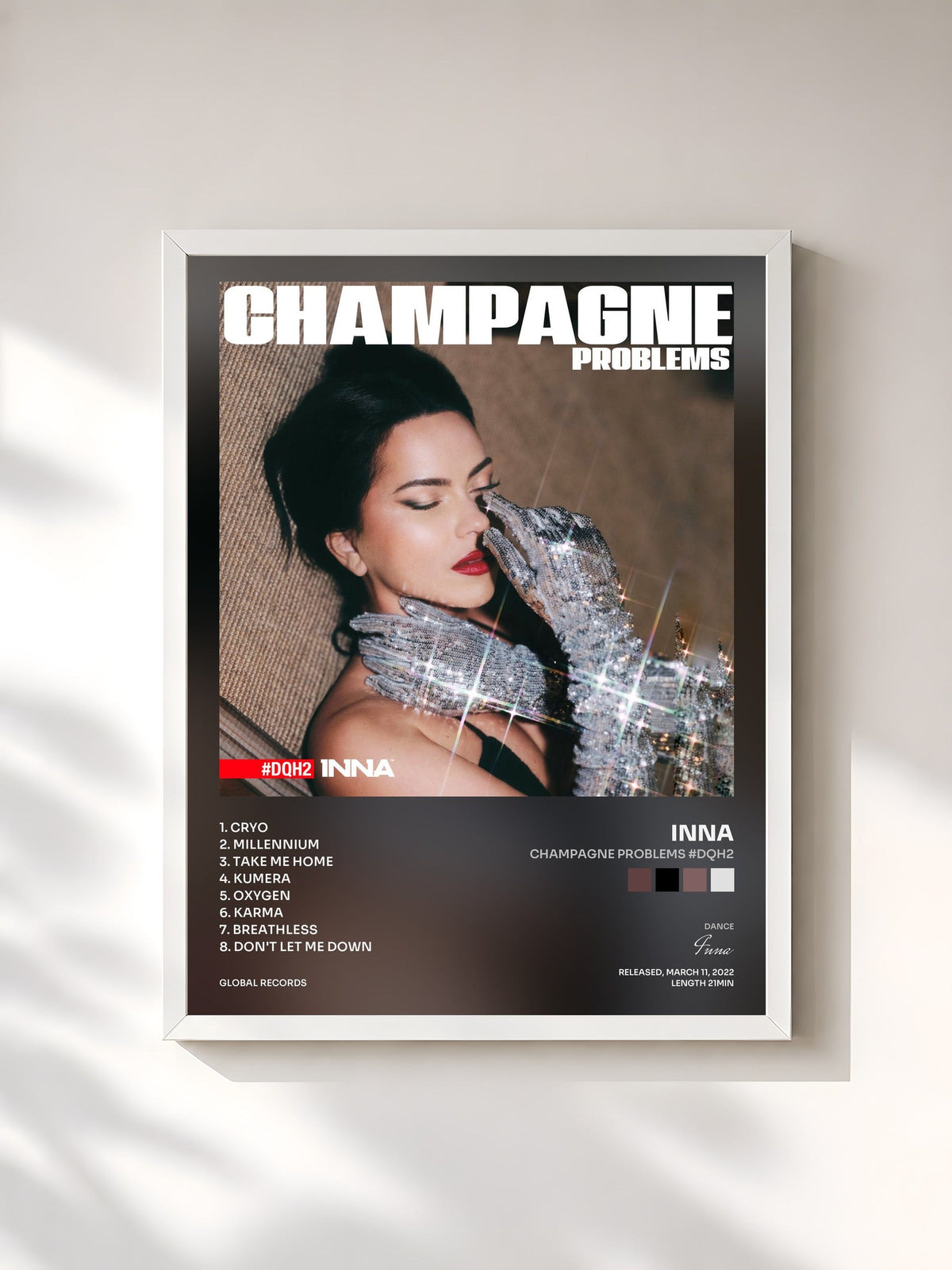 #blanc Tableau de l'album Champagne Problems #DQH2 de Inna, cadre blanc, imprimé et encadré en France