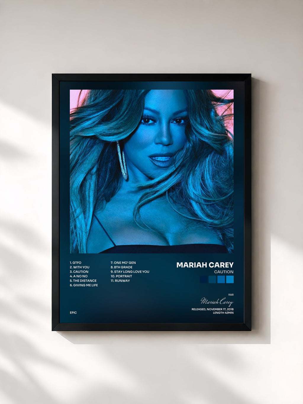 #noir Tableau de l'album Caution de Mariah Carey, cadre noir, imprimé et encadré en France