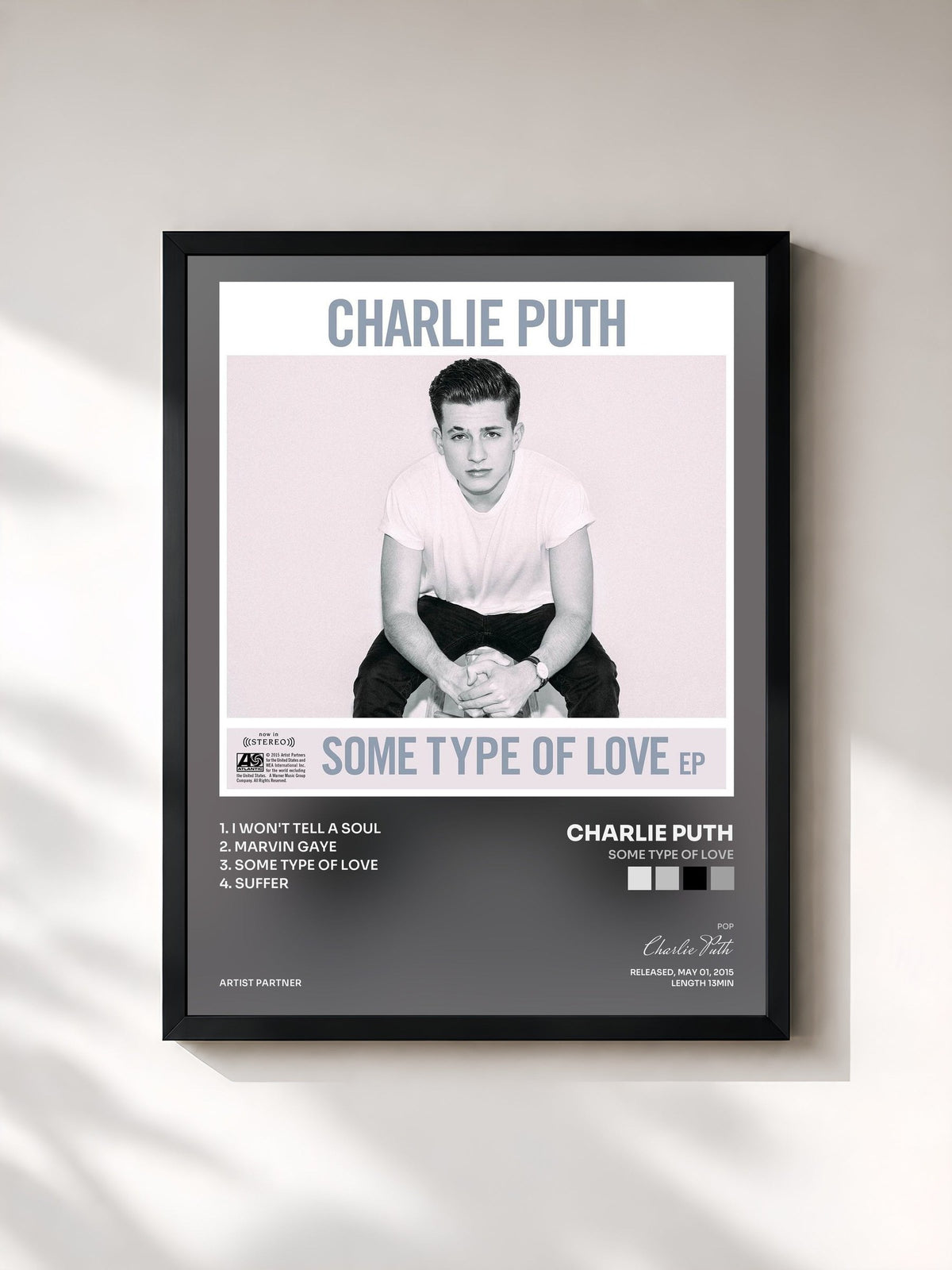 #noir Tableau de l'album Some Type of Love de Charlie Puth, cadre noir, imprimé et encadré en France