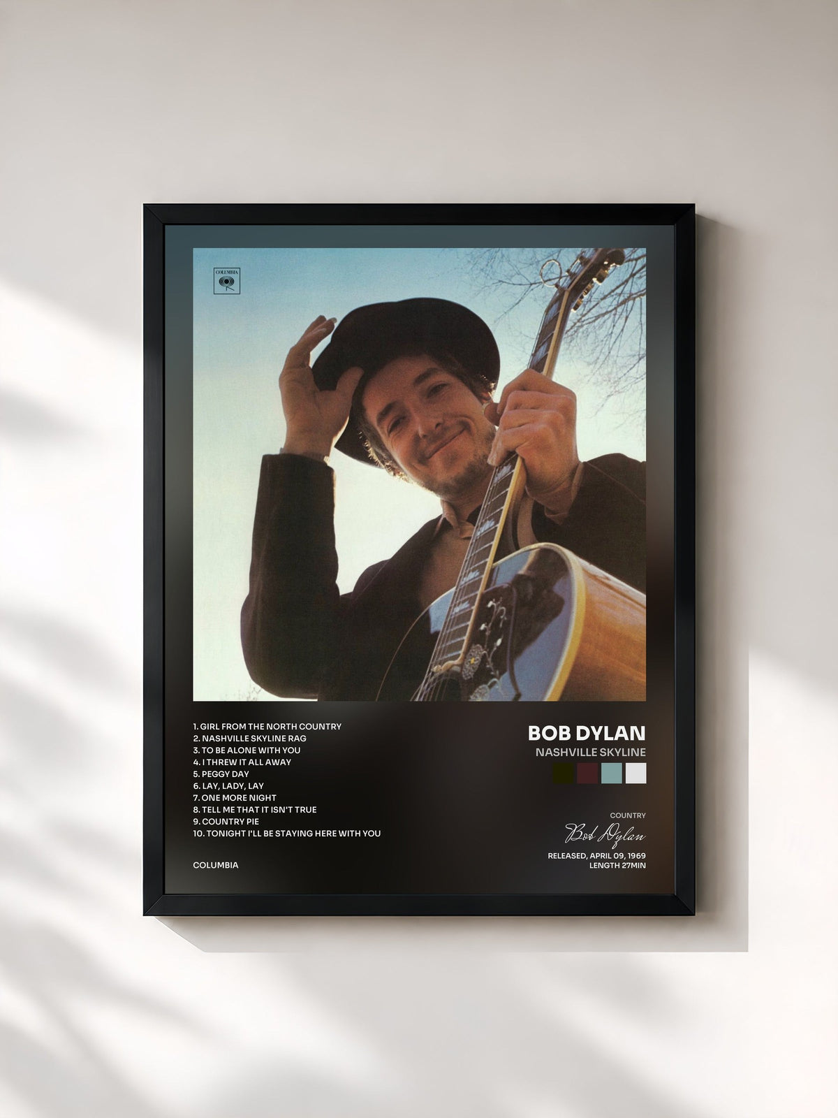 #noir Tableau de l'album Nashville Skyline de Bob Dylan, cadre noir, imprimé et encadré en France