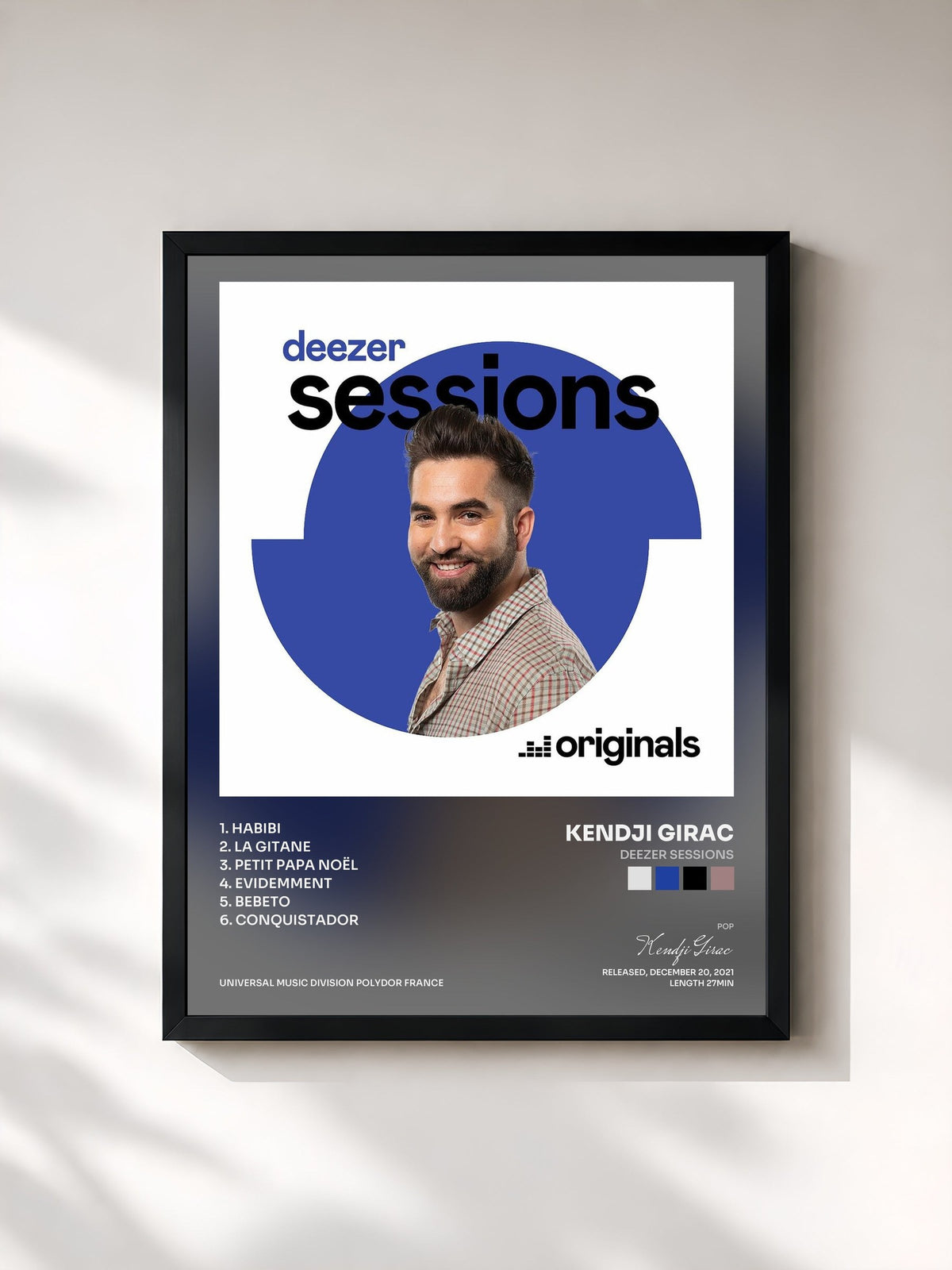 #noir Tableau de l'album Deezer Sessions de Kendji Girac, cadre noir, imprimé et encadré en France