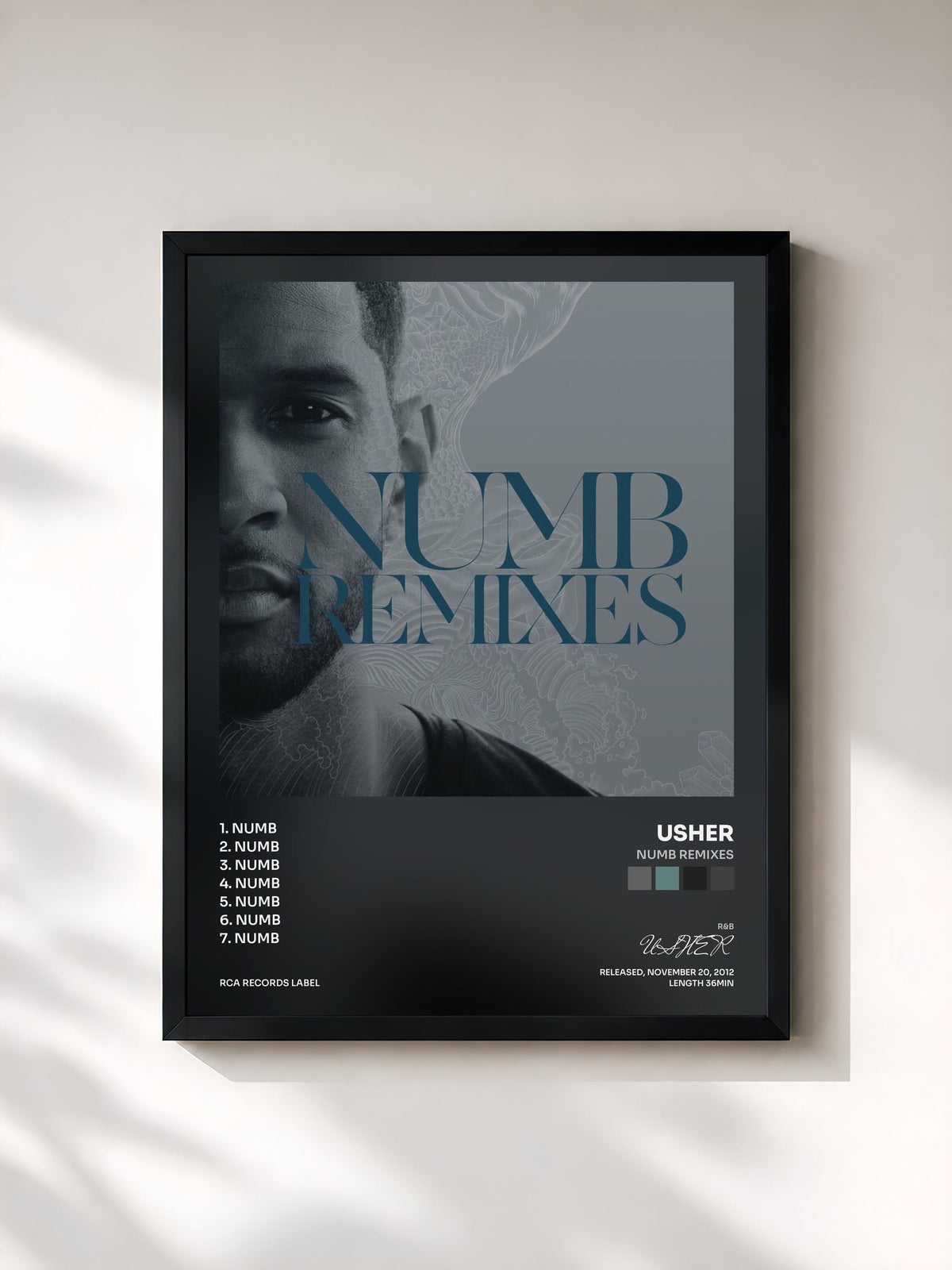 #noir Tableau de l'album Numb Remixes de USHER, cadre noir, imprimé et encadré en France