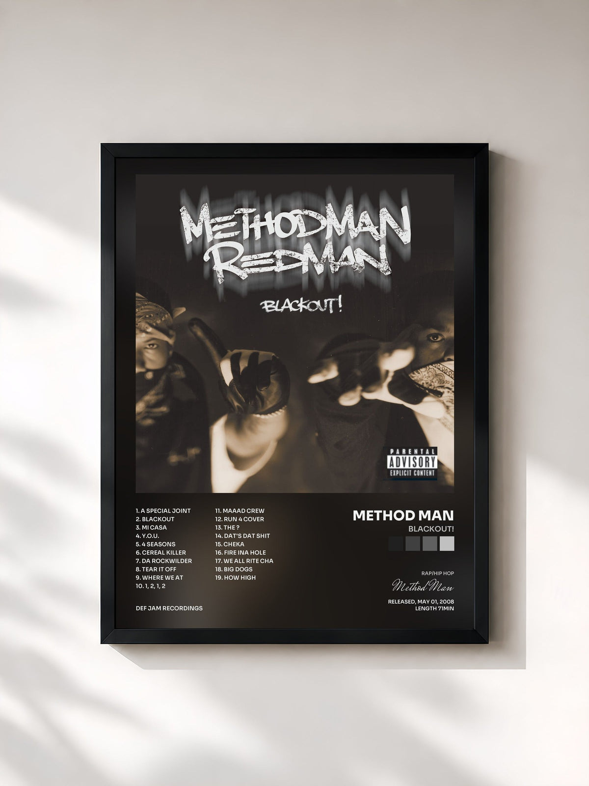 #noir Tableau de l'album Blackout! de Method Man, cadre noir, imprimé et encadré en France